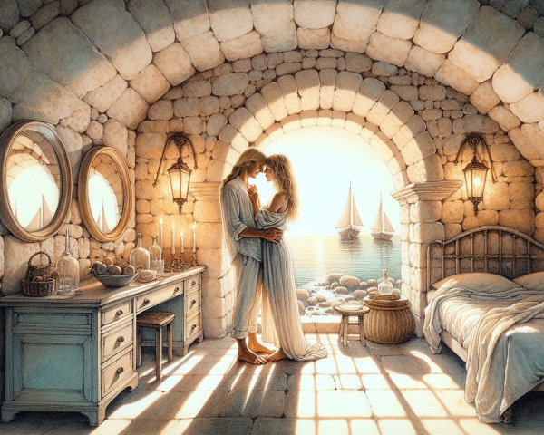Couple Kissing in a Sunlit Stone Room by the Sea