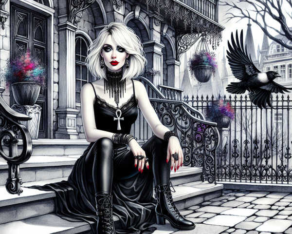 Gothic Figure on Steps of Ornate Building with Crow
