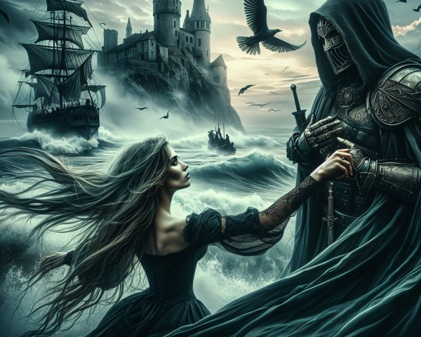 Knight and Woman Confrontation in Dramatic Seascape