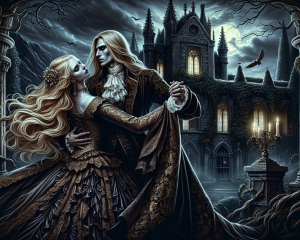Elegant Couple Dancing in a Dark Romantic Landscape
