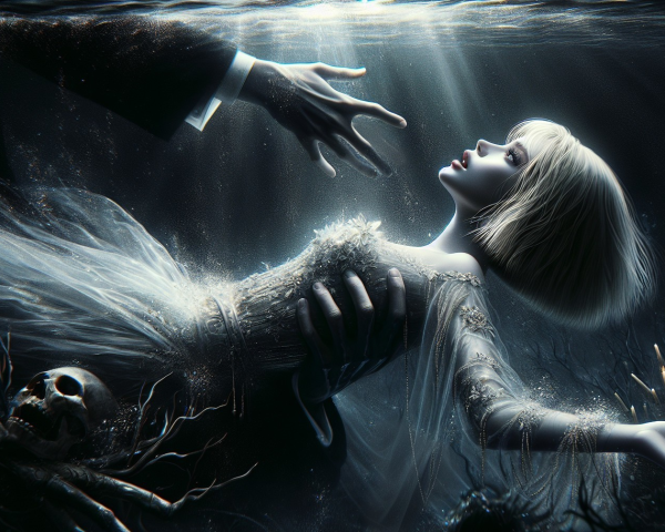 Eerie Underwater Scene with Pale Figure and Shadows