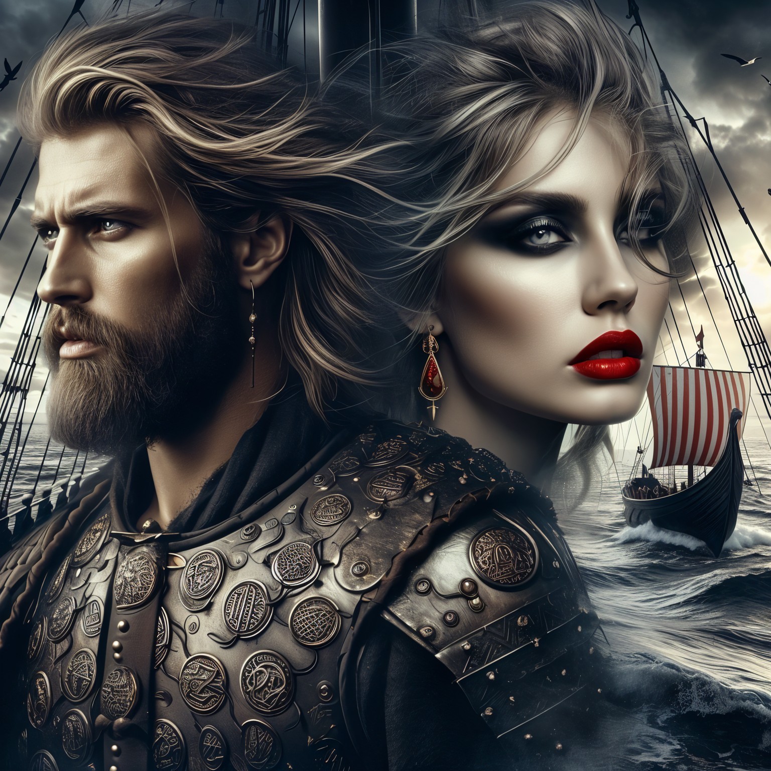Dramatic Portrait of Warrior and Elegant Woman