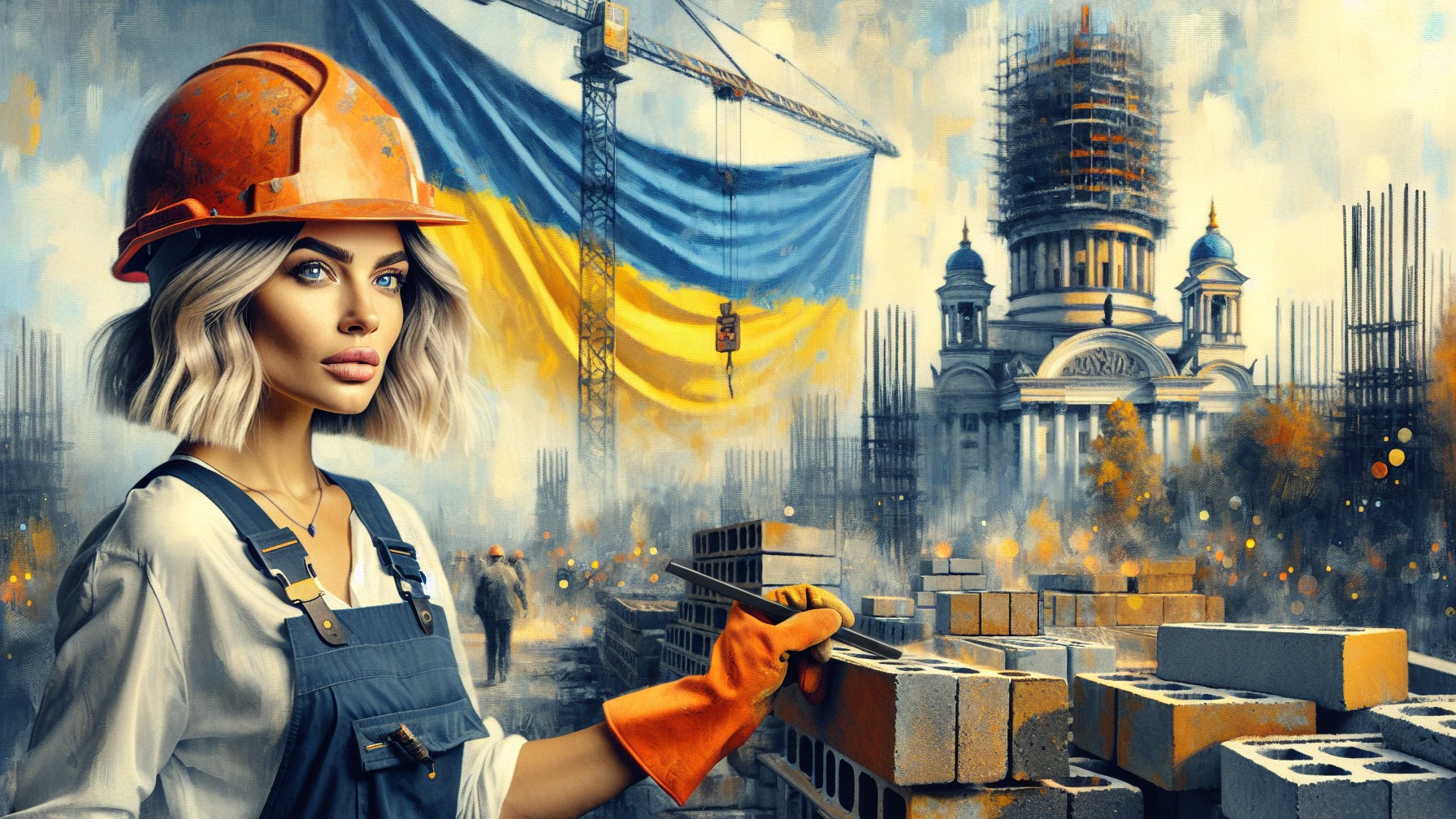 Woman at Construction Site with Ukrainian Flag Background