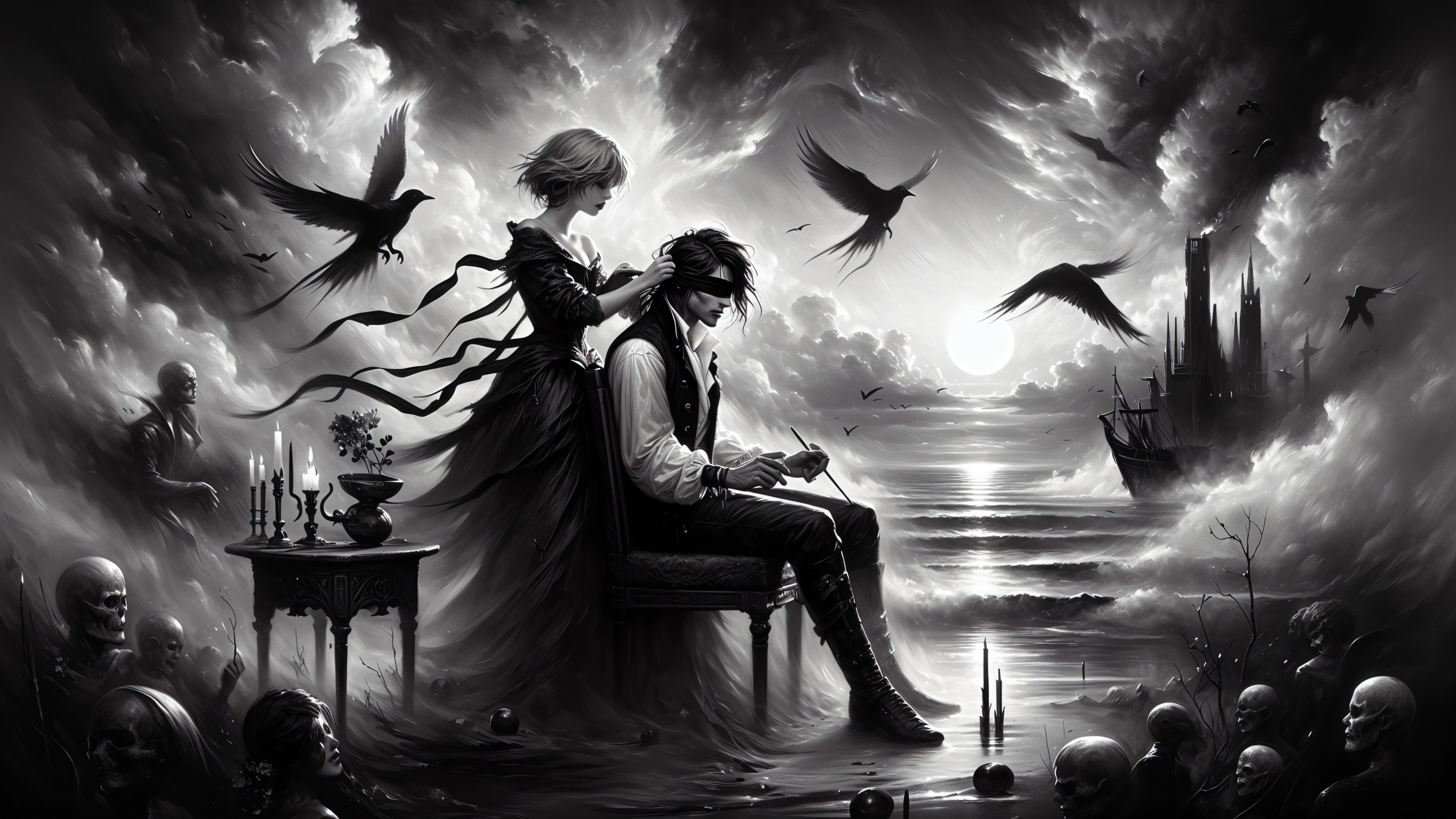 Monochromatic Landscape with Figure and Ghostly Woman