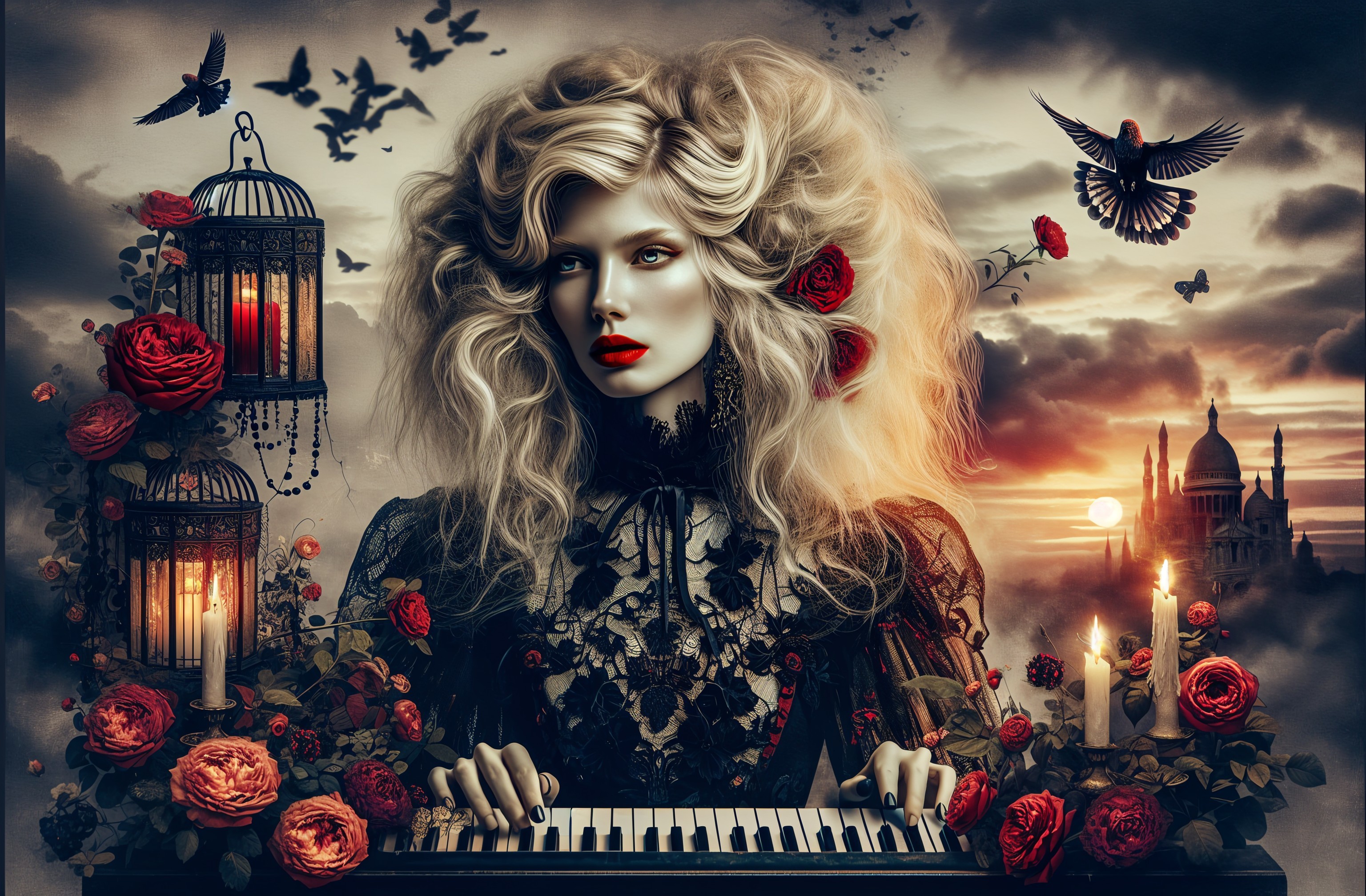 Gothic Scene with Piano, Dark Roses, and Sunset