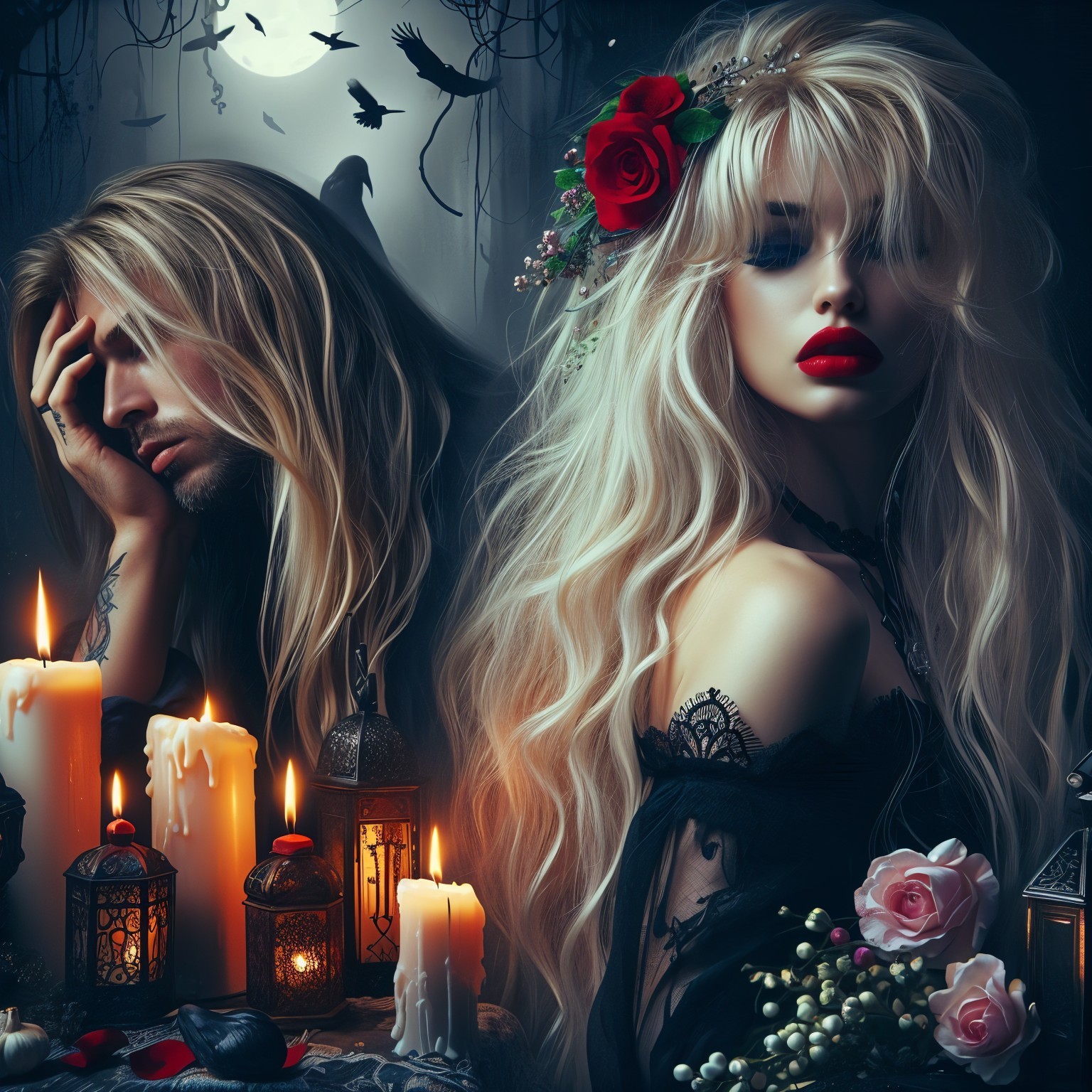 Gothic Scene with Somber Man and Striking Woman