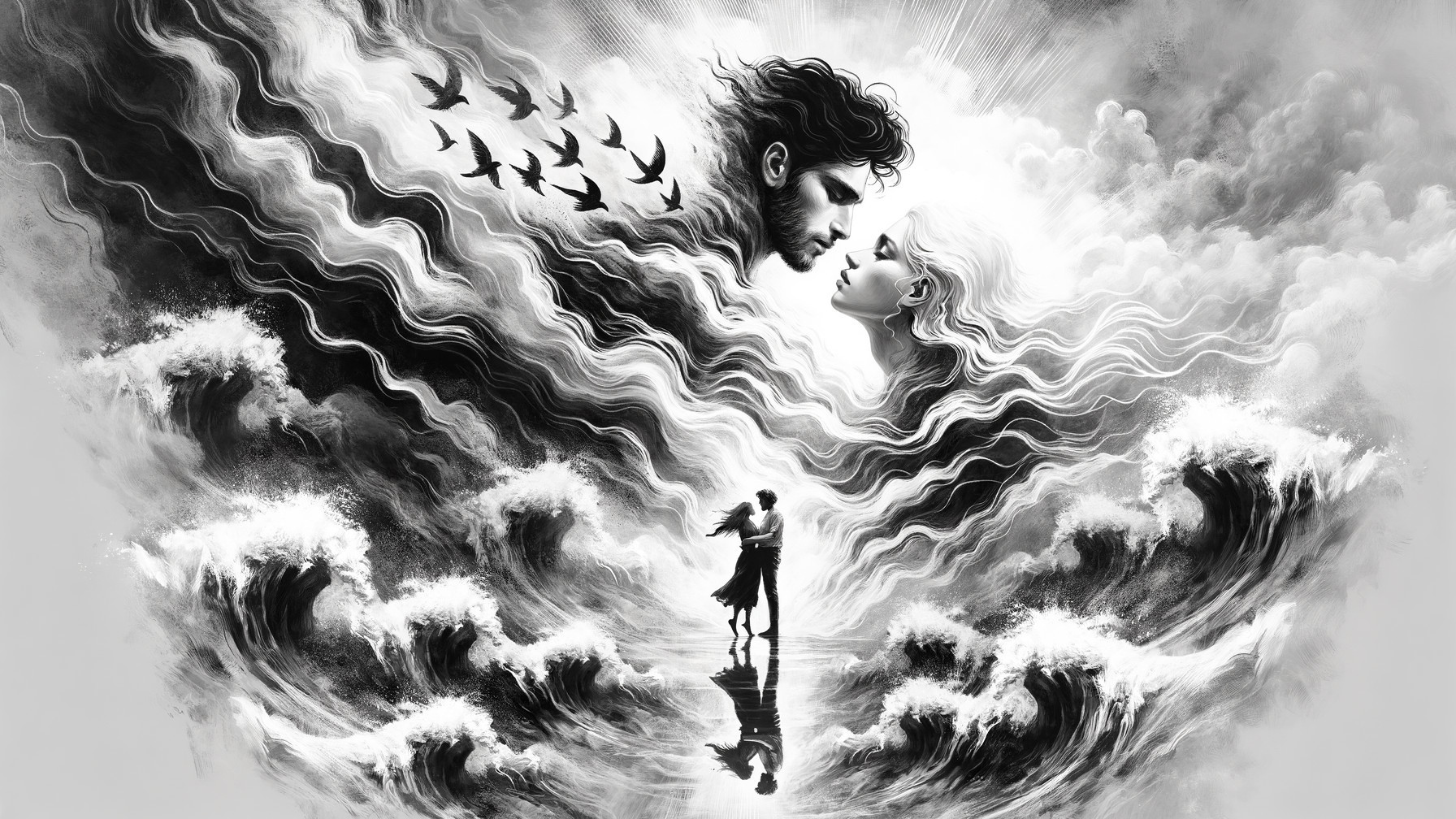 Dramatic Black-and-White Scene of Waves and Clouds
