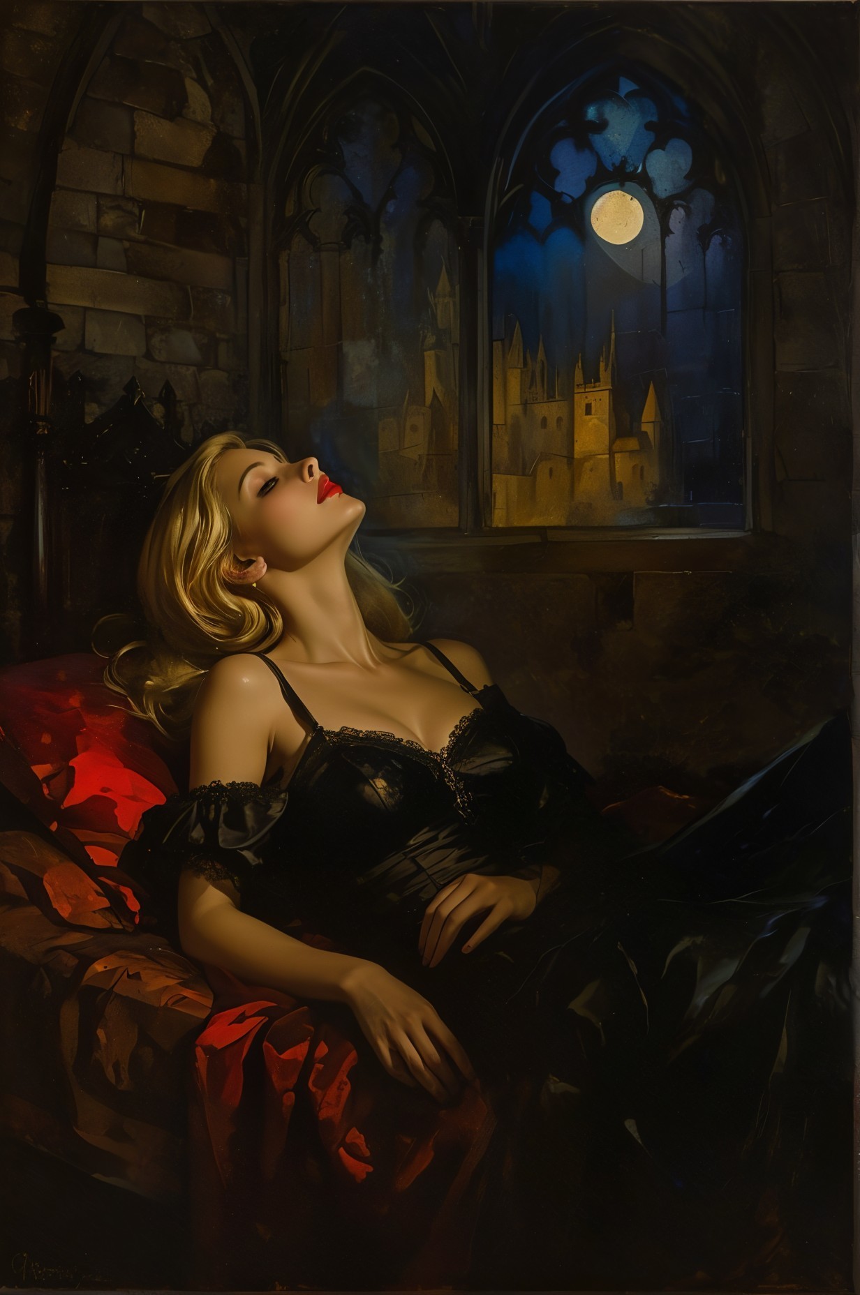 Elegant Woman in Black Lace Gown on Lavish Bed