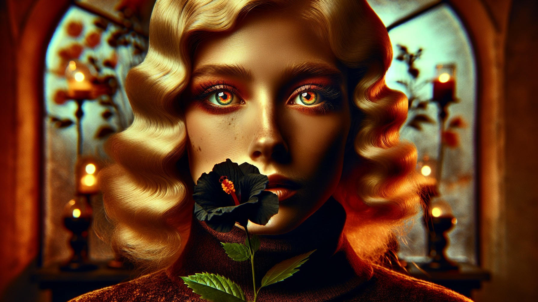 Portrait of a Woman with Golden Eyes and Hibiscus Flower