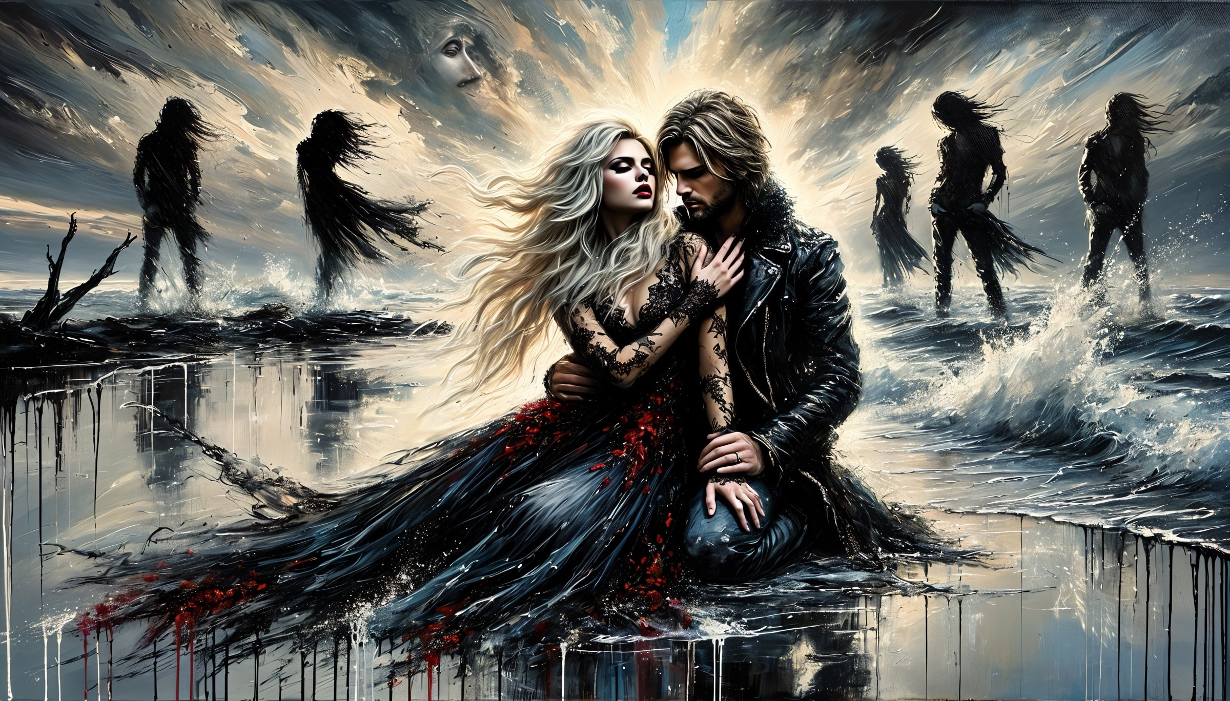 Dramatic Seascape with Couple Amidst Turbulent Waves