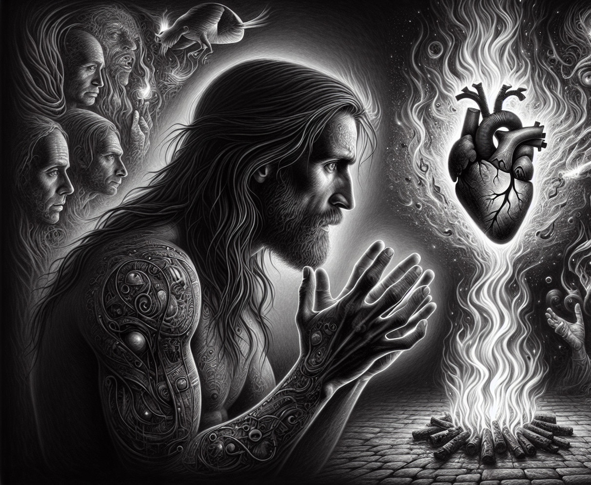 Man with Tattoos Gazing at Glowing Heart in Fire