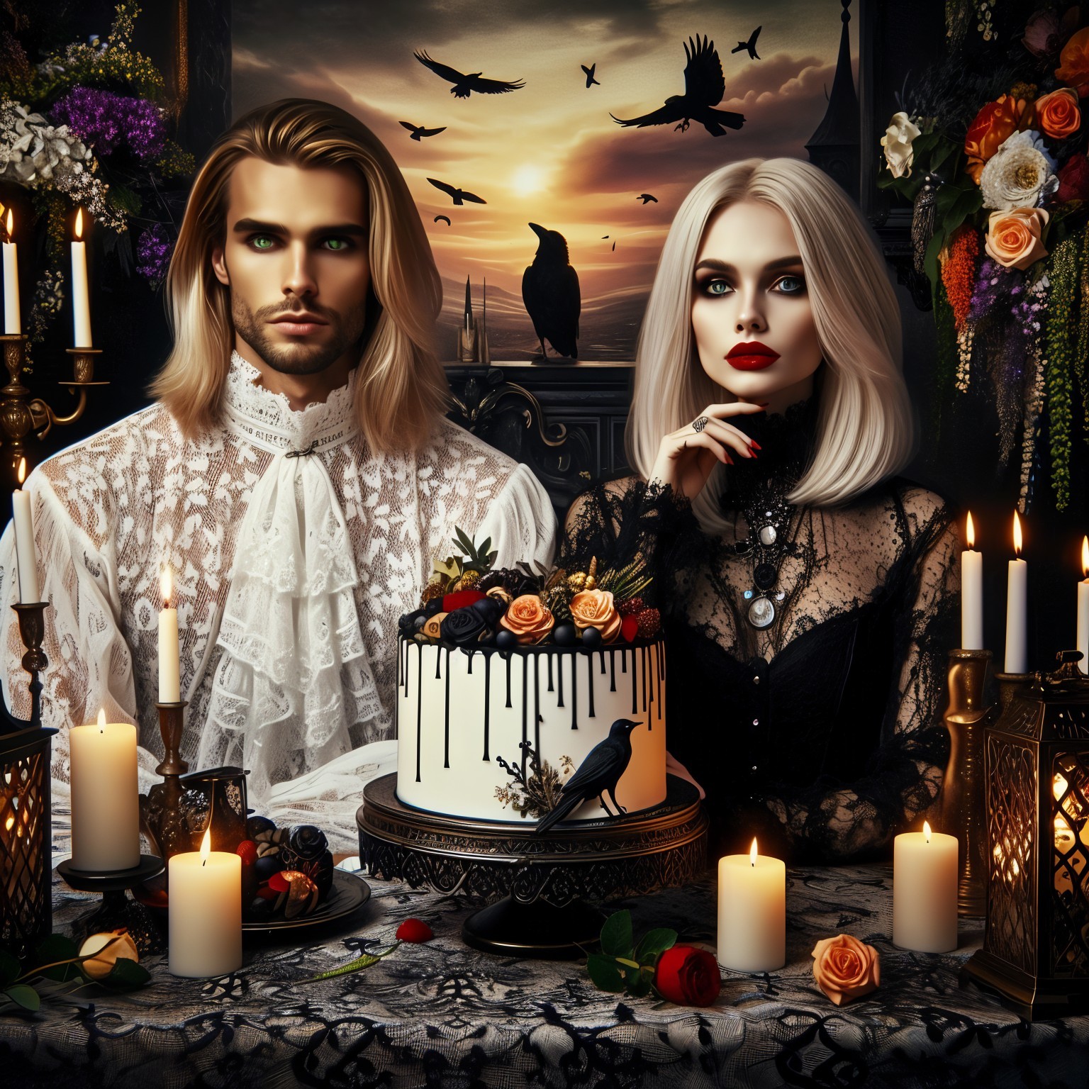 Gothic-Inspired Couple at Elegant Table Setting