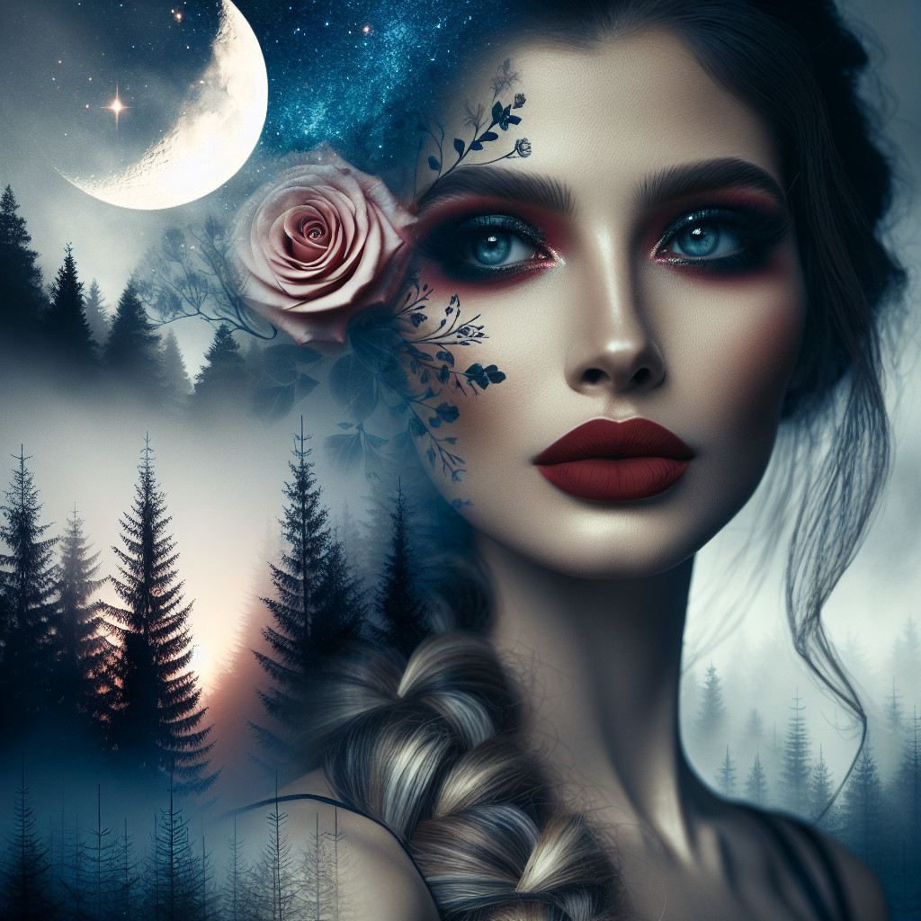 Portrait of a woman with bold makeup and floral accents