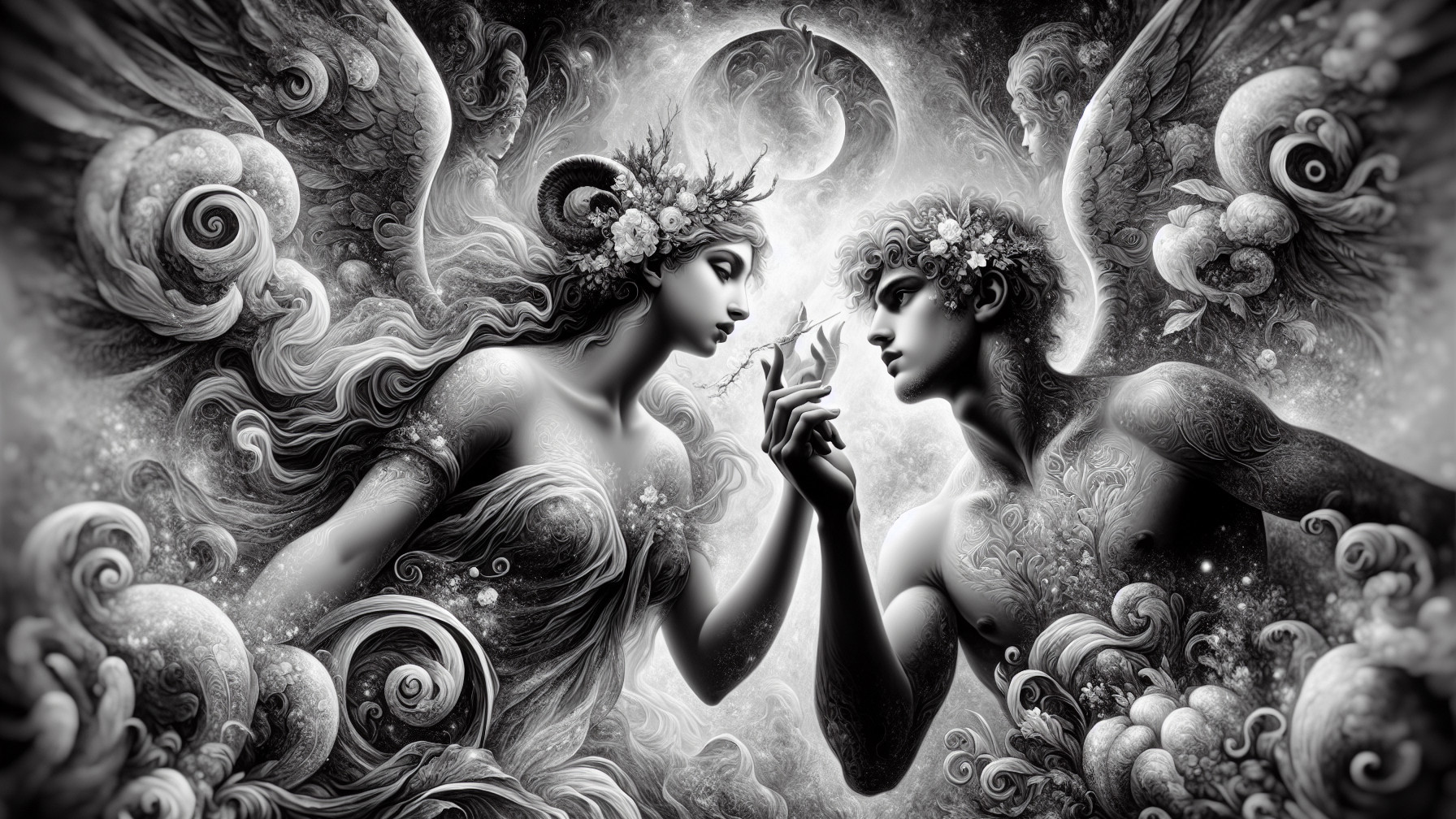 Black-and-White Scene of Celestial Figures Connecting