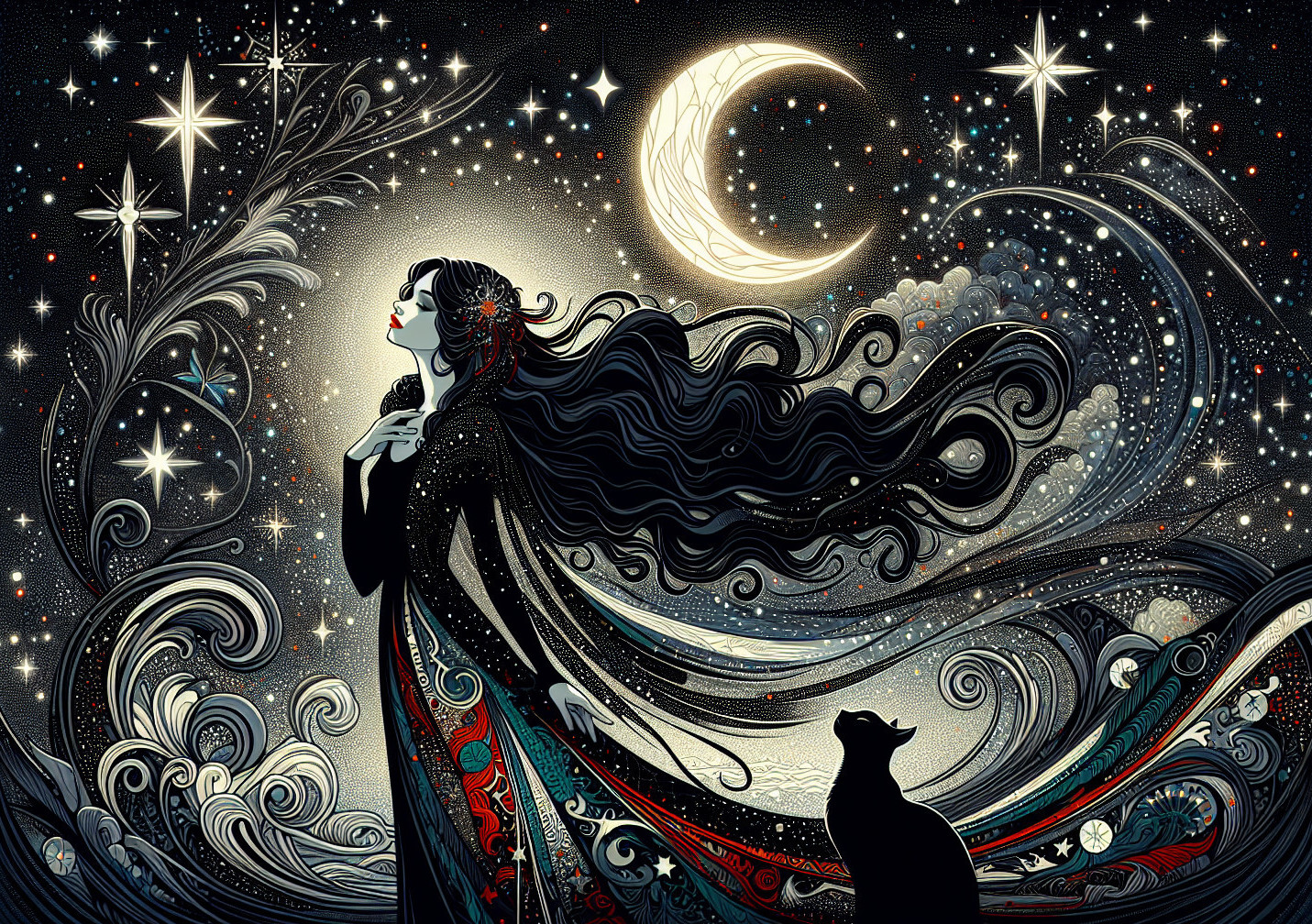 Mystical Figure in Starry Night with Crescent Moon
