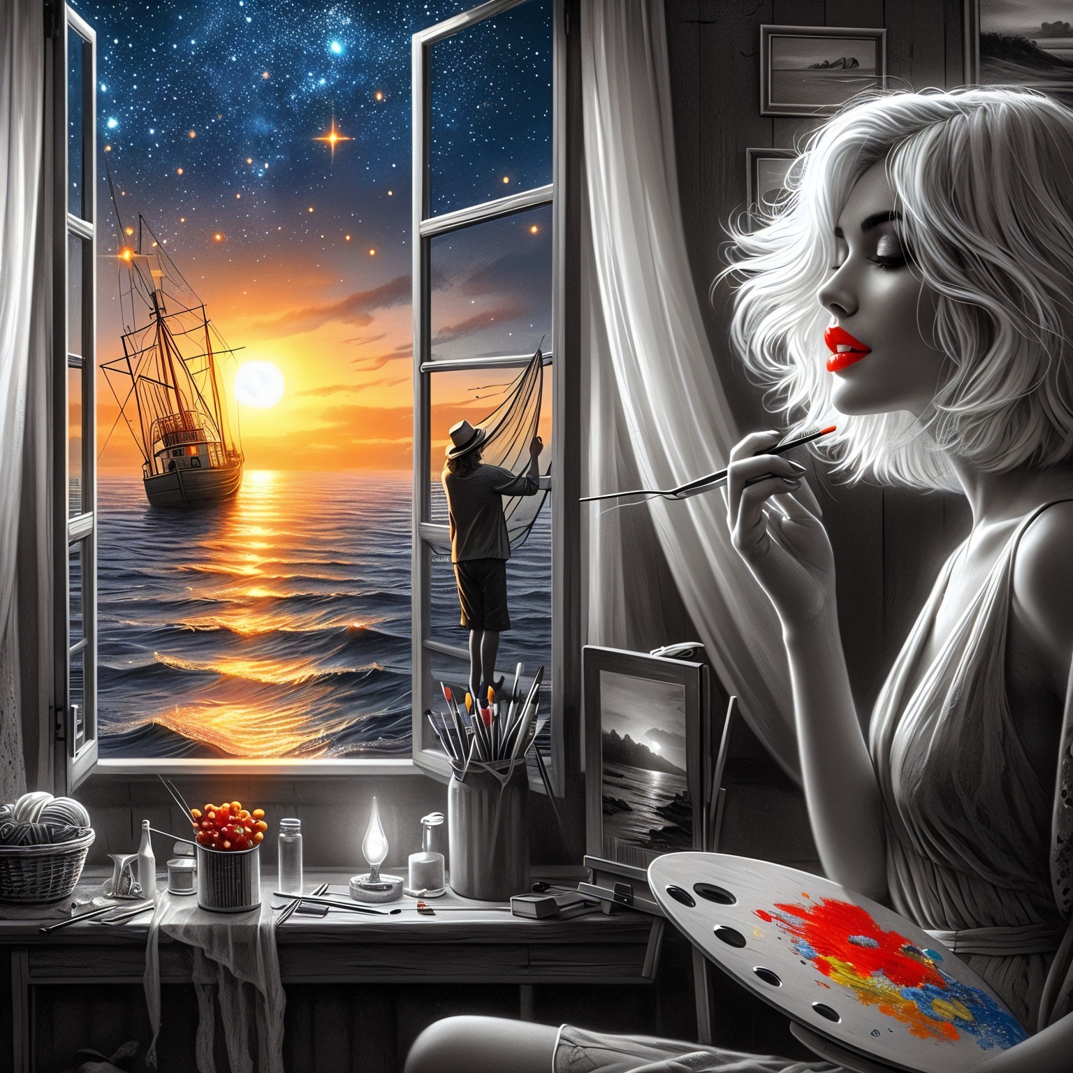 Cozy Artist's Studio with Sunset Seascape and Palette