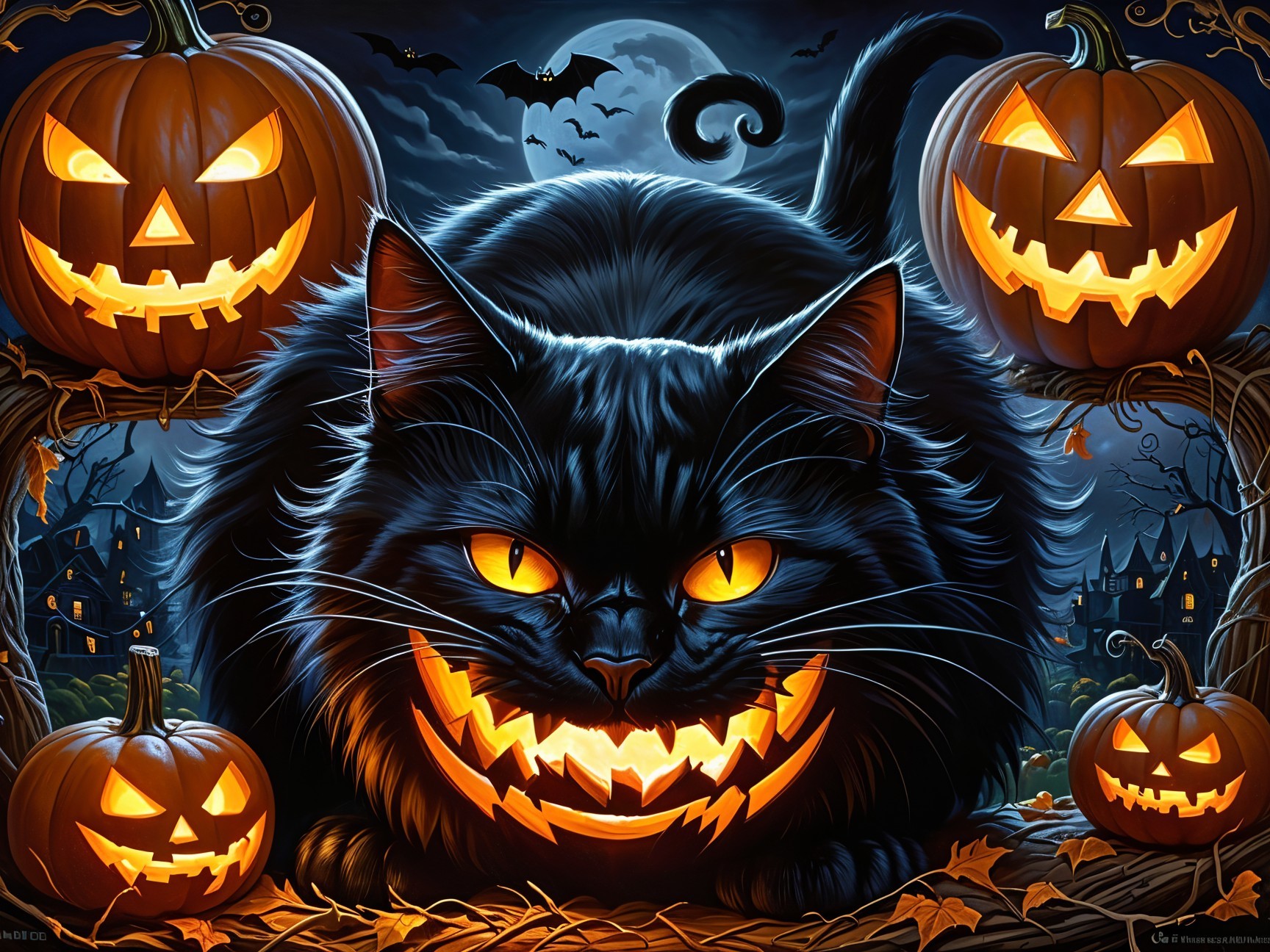Sinister Black Cat Among Halloween Pumpkins and Bats