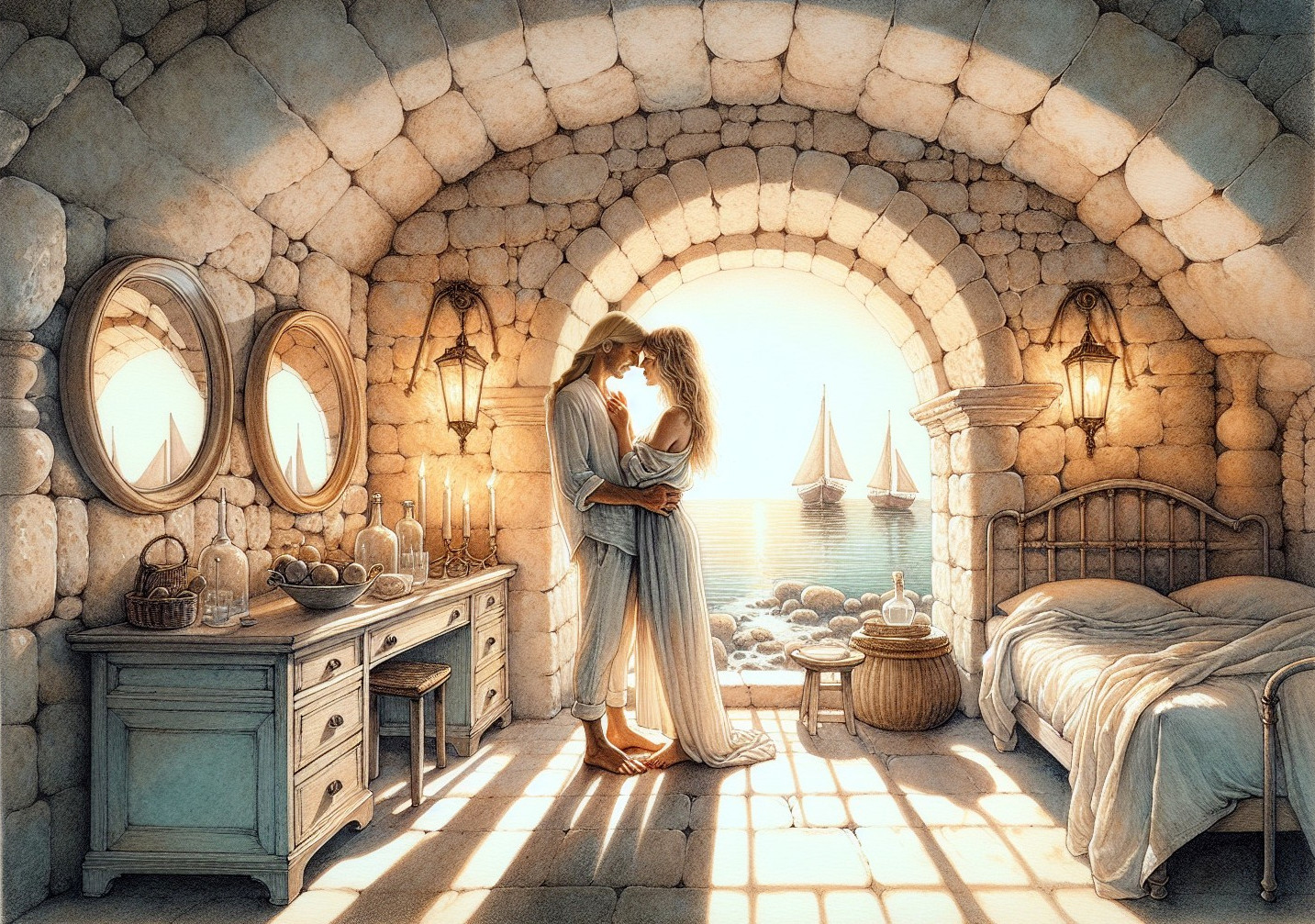 Couple Kissing in a Sunlit Stone Room by the Sea