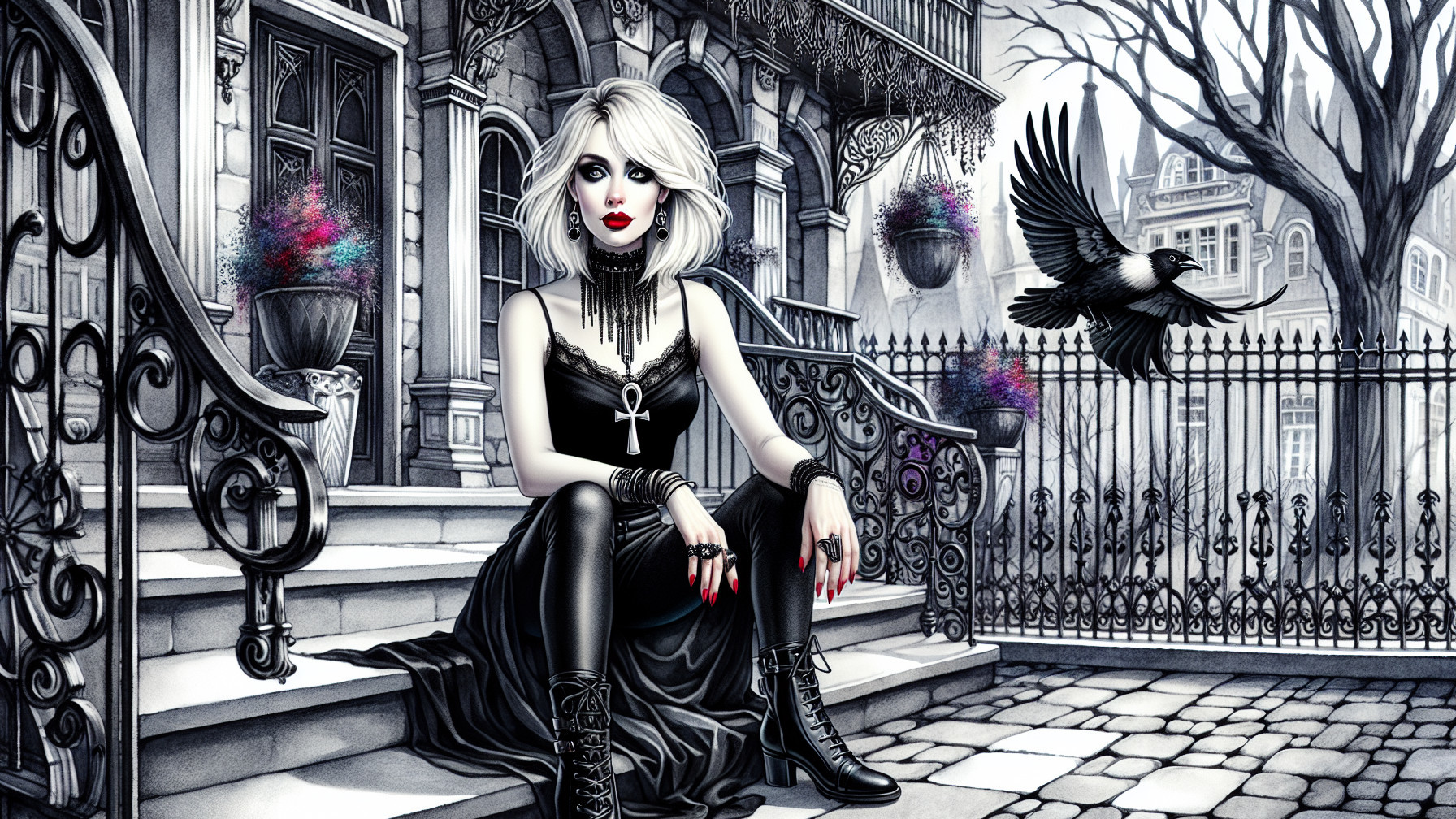 Gothic Figure on Steps of Ornate Building with Crow