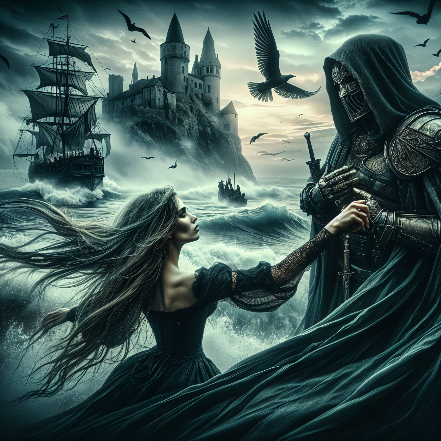 Knight and Woman Confrontation in Dramatic Seascape