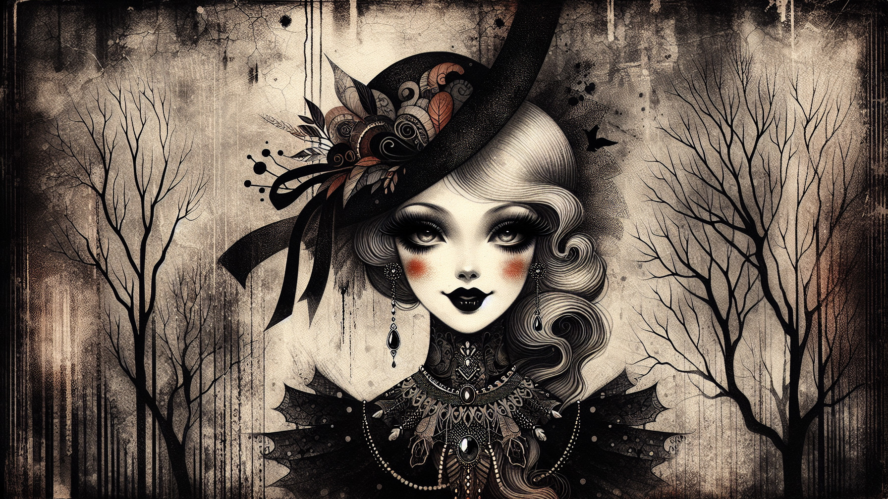 Enigmatic Woman in Elegant Dark Outfit and Gothic Landscape