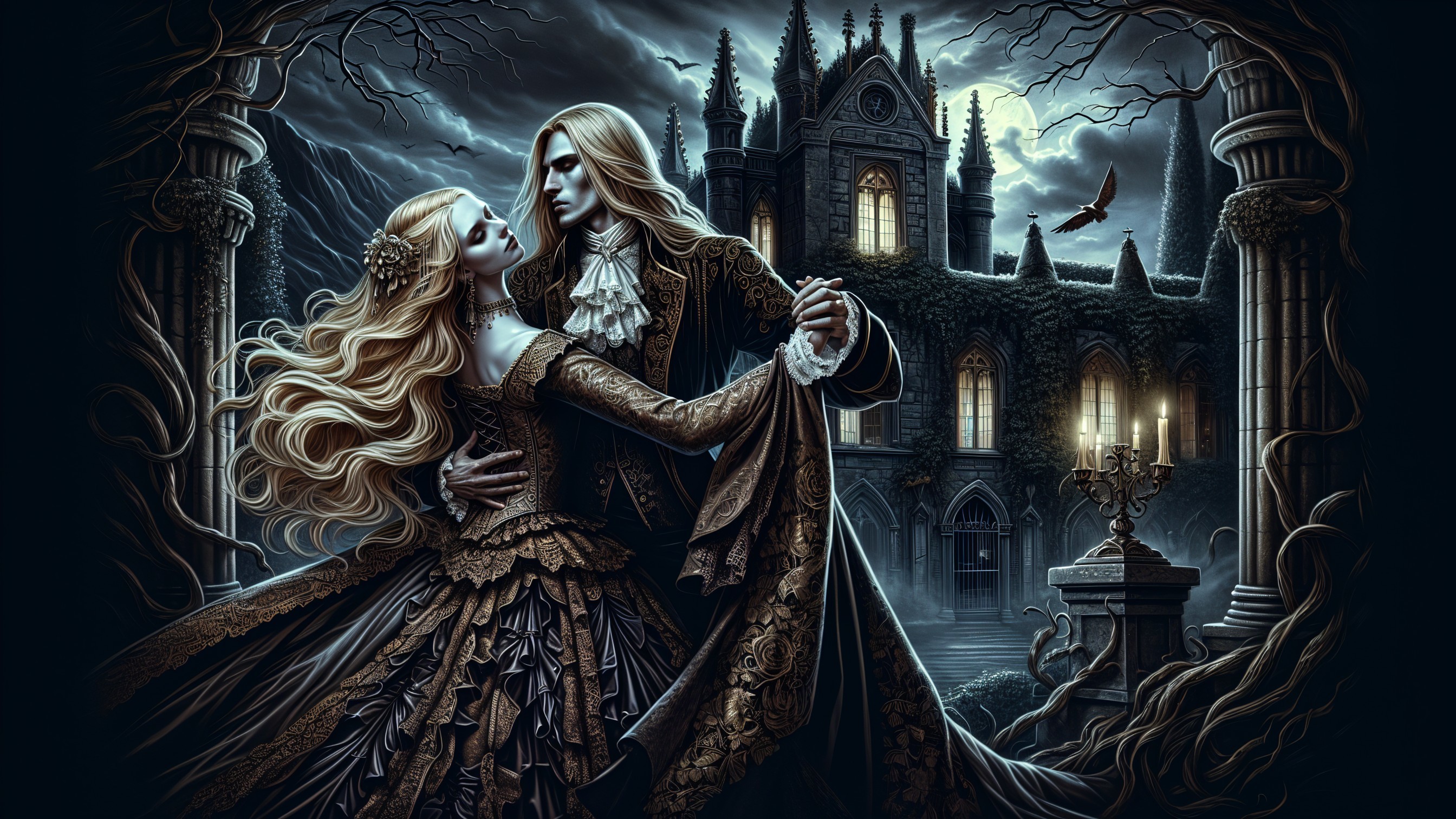 Elegant Couple Dancing in a Dark Romantic Landscape