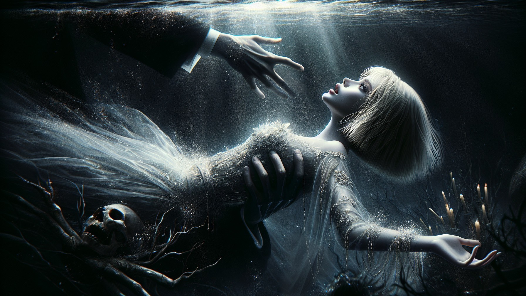 Eerie Underwater Scene with Pale Figure and Shadows