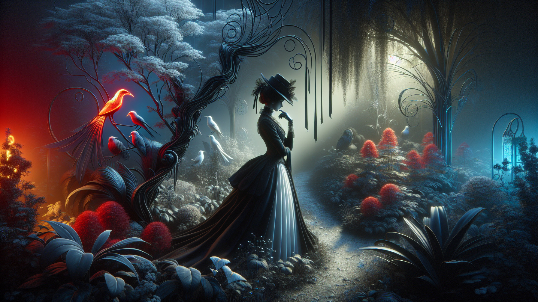 Mystical Forest Scene with Woman in Black Gown