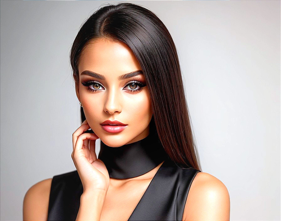 Portrait of a woman with glossy hair and elegant features