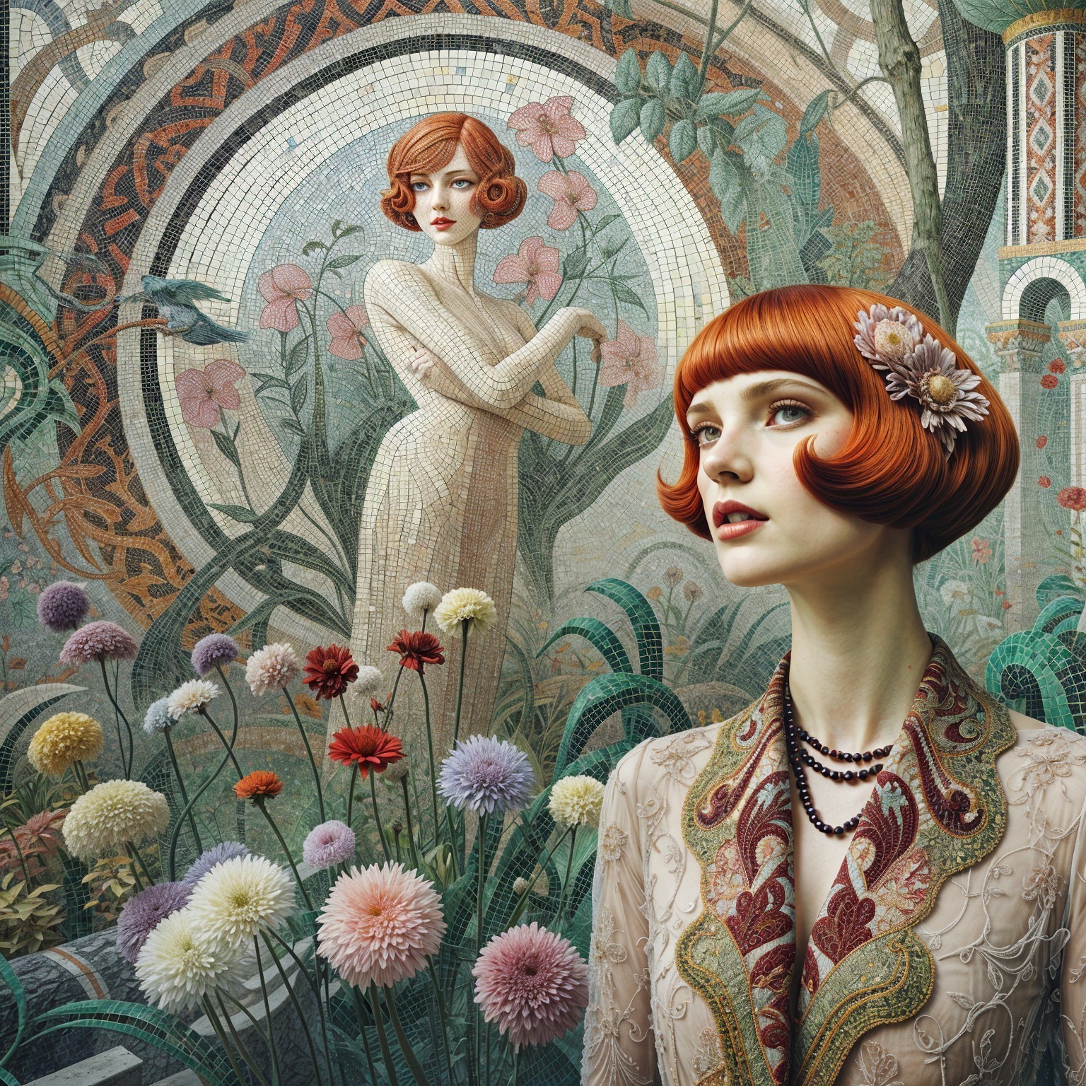 Detailed Mosaic Garden with Elegant Figure and Flowers