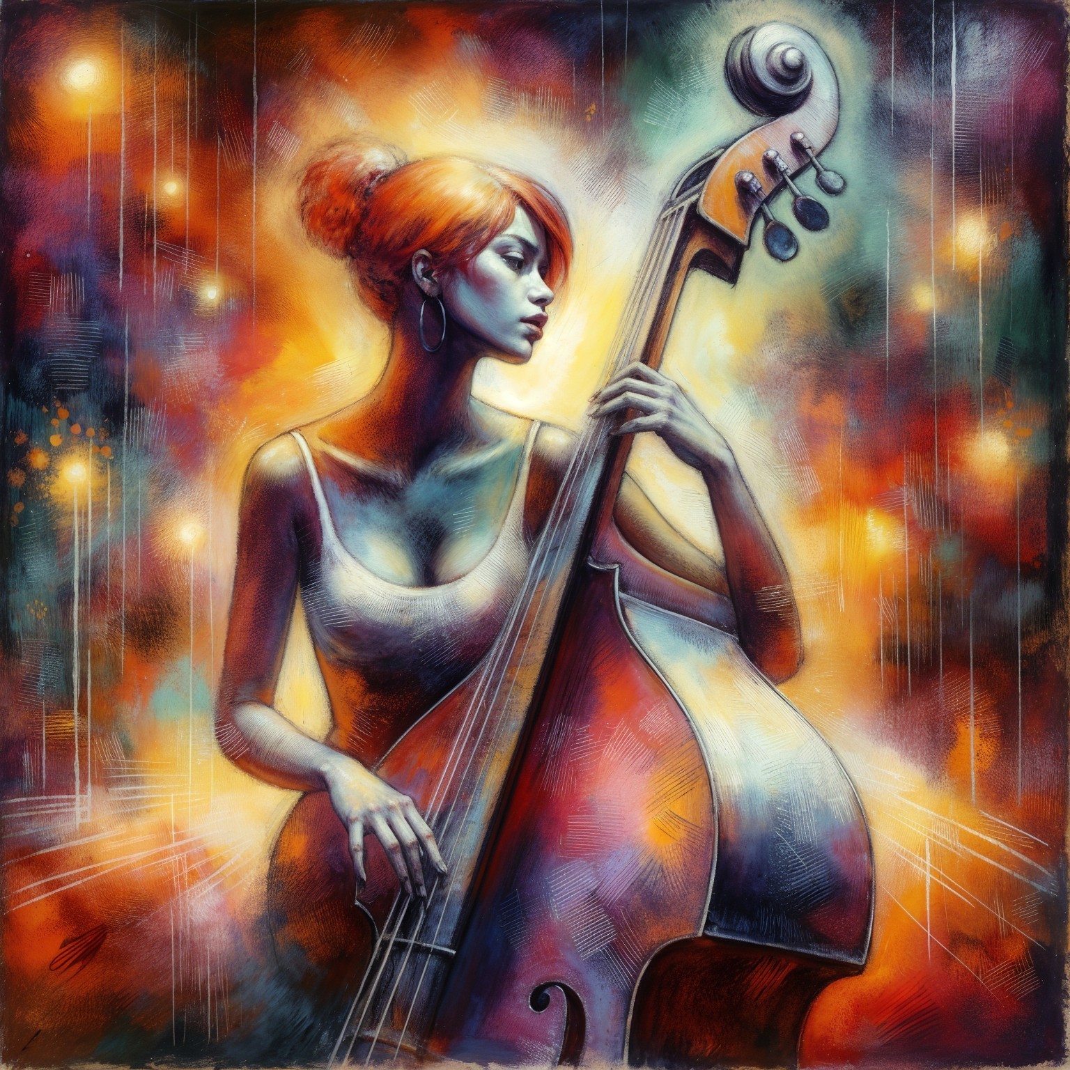 Surreal Illustration of Woman Playing Double Bass