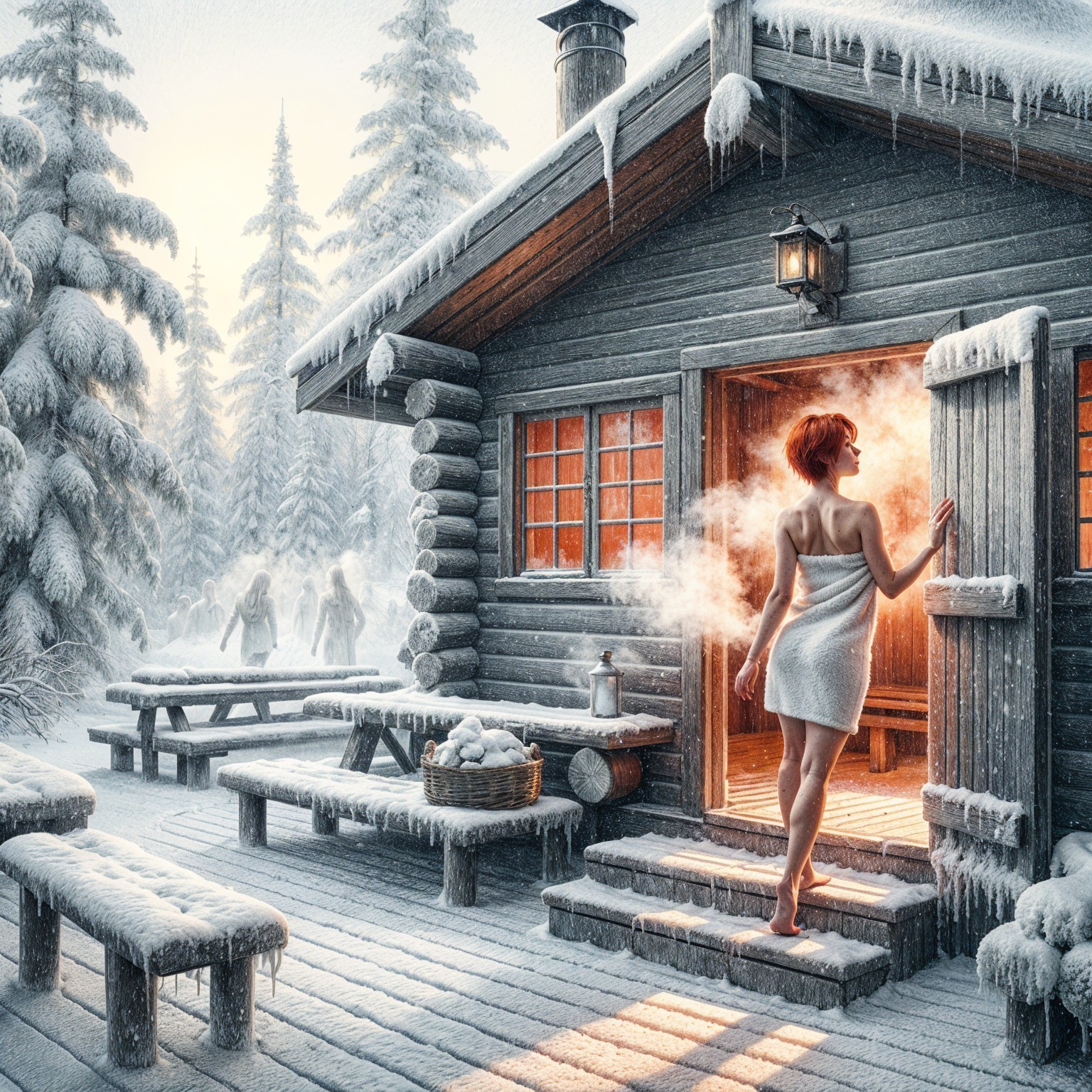 Cozy log cabin in snowy forest with warm interior