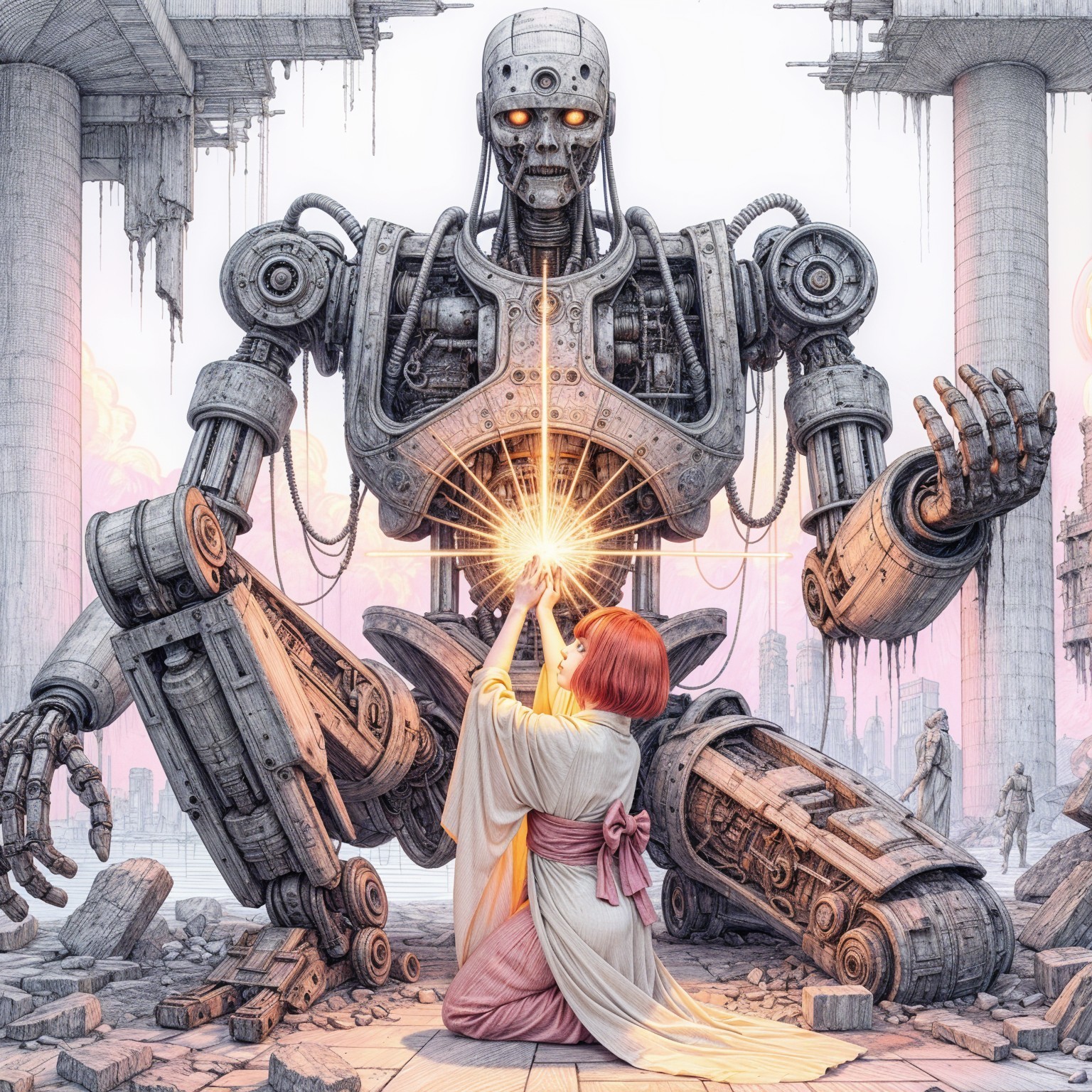 Lifelike Robot and Woman in Post-Apocalyptic Scene