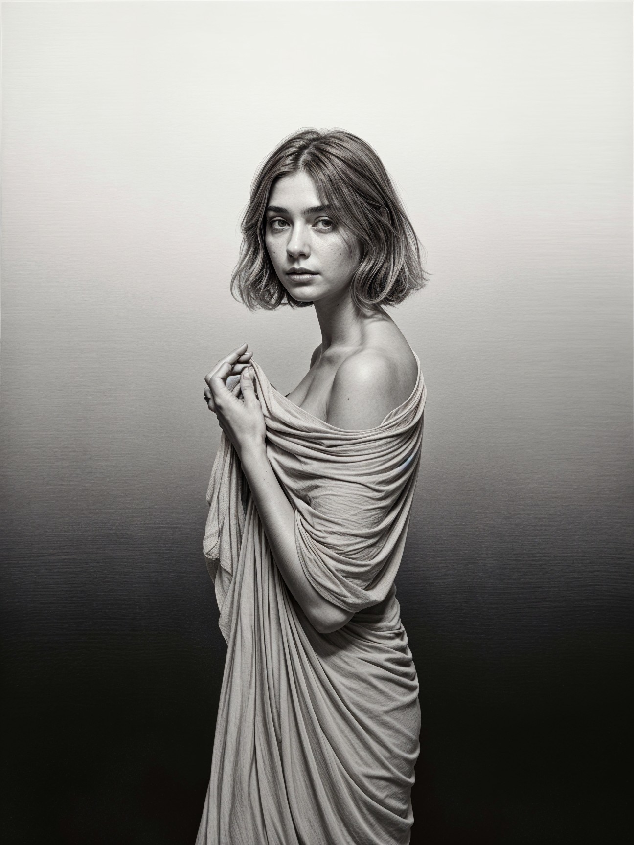 Young woman in flowing garment with serene expression