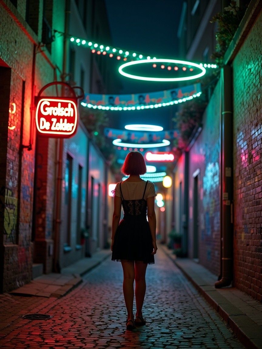 Woman in Neon-Lit Alley with Graffiti and Lights