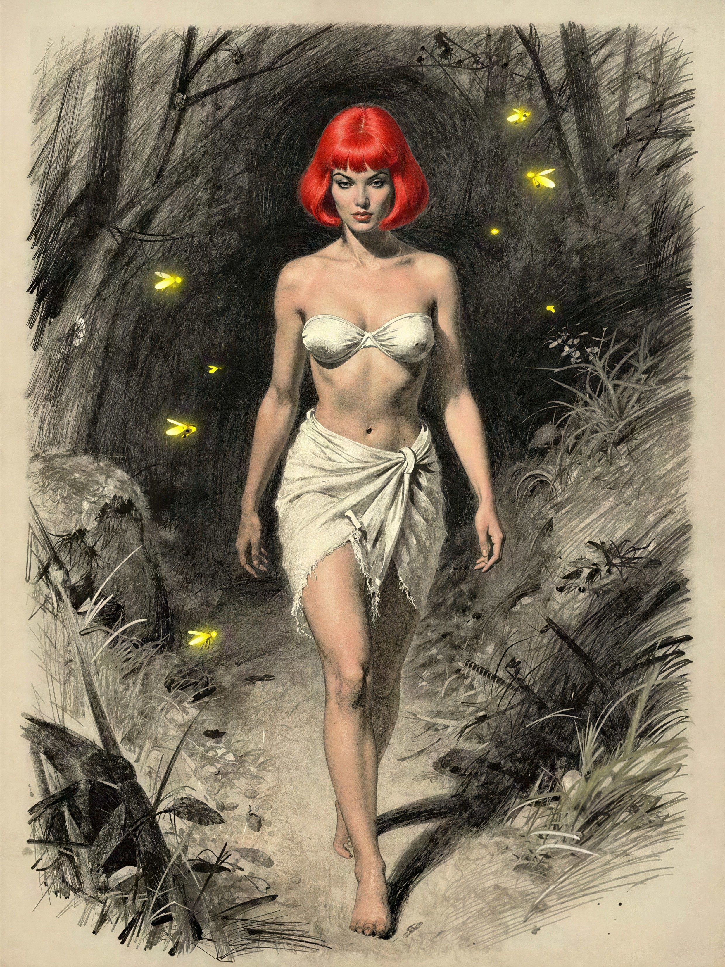 Woman with Red Hair Walking in Dark Forest Path
