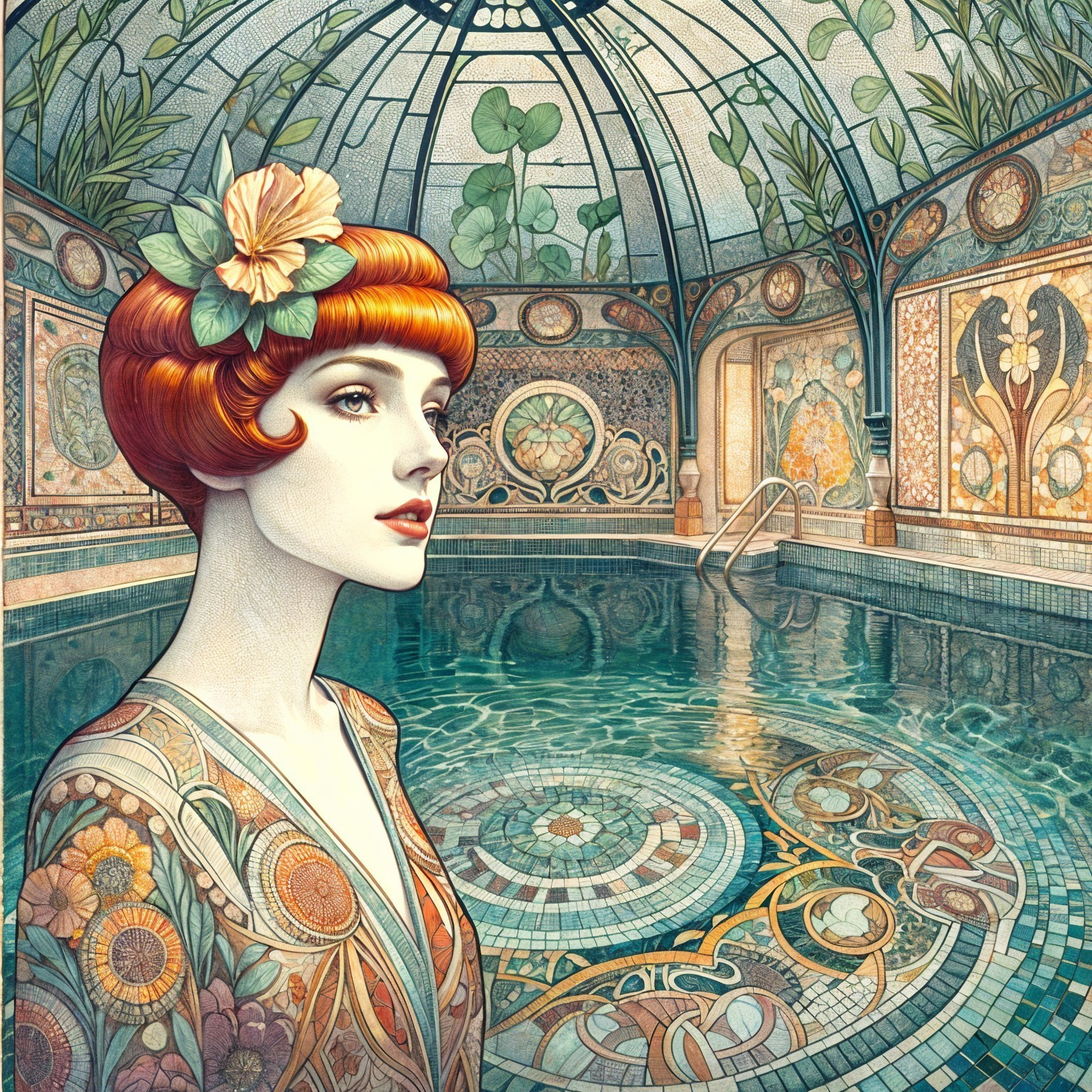Stylish Bob Haircut with Flower by Tiled Indoor Pool