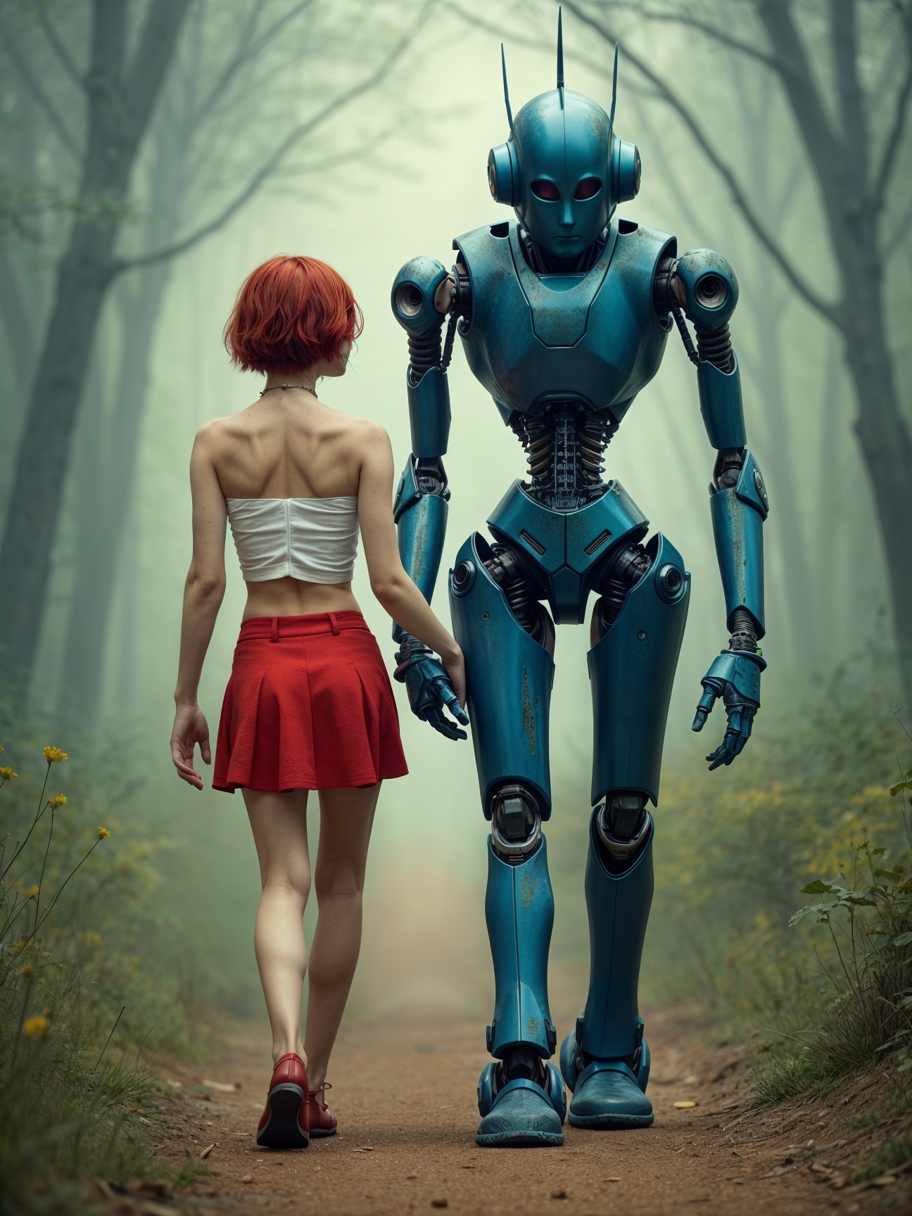 Young Woman and Blue Robot in Misty Forest Scene