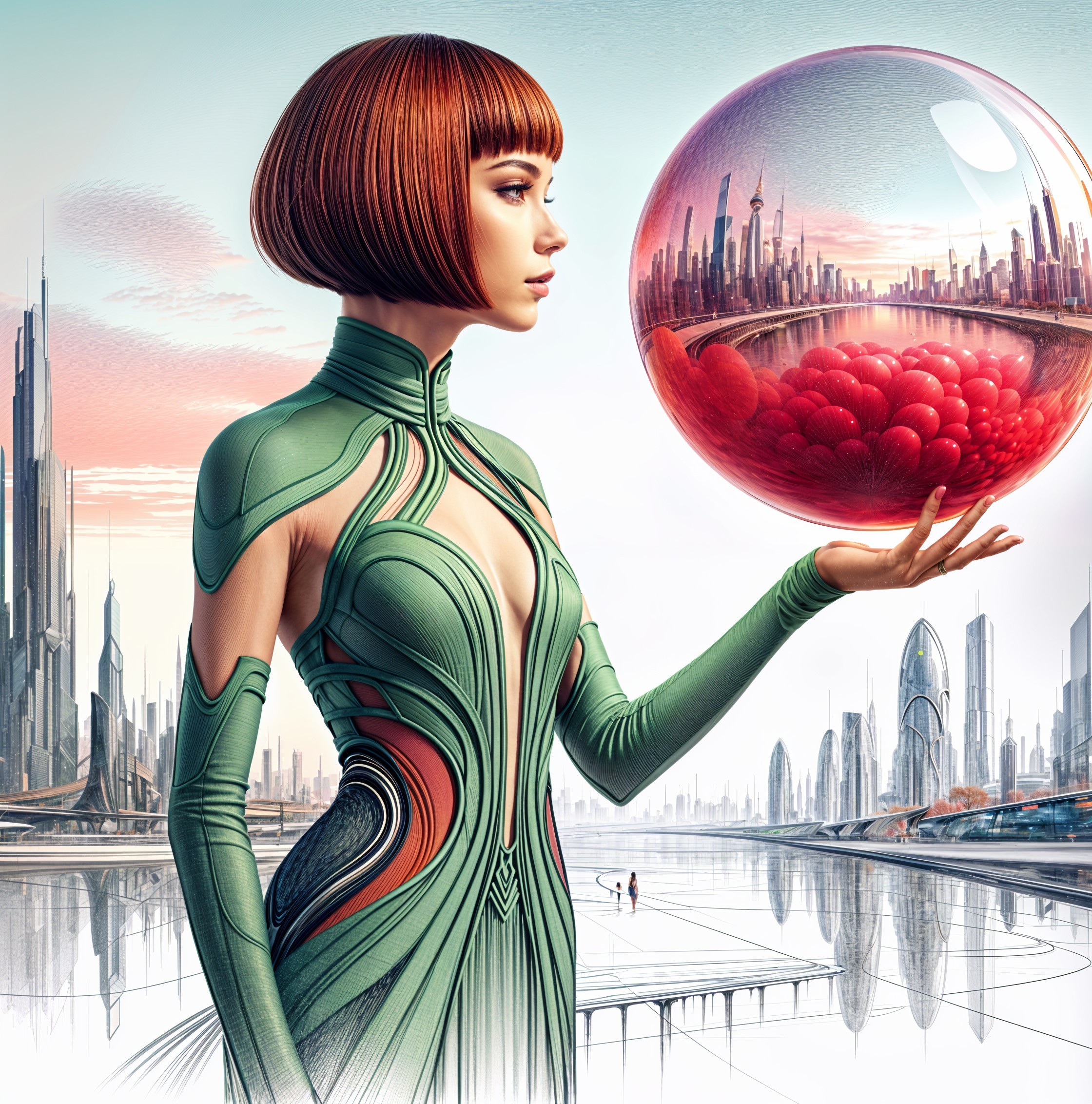 Futuristic Cityscape with Woman in Green Outfit