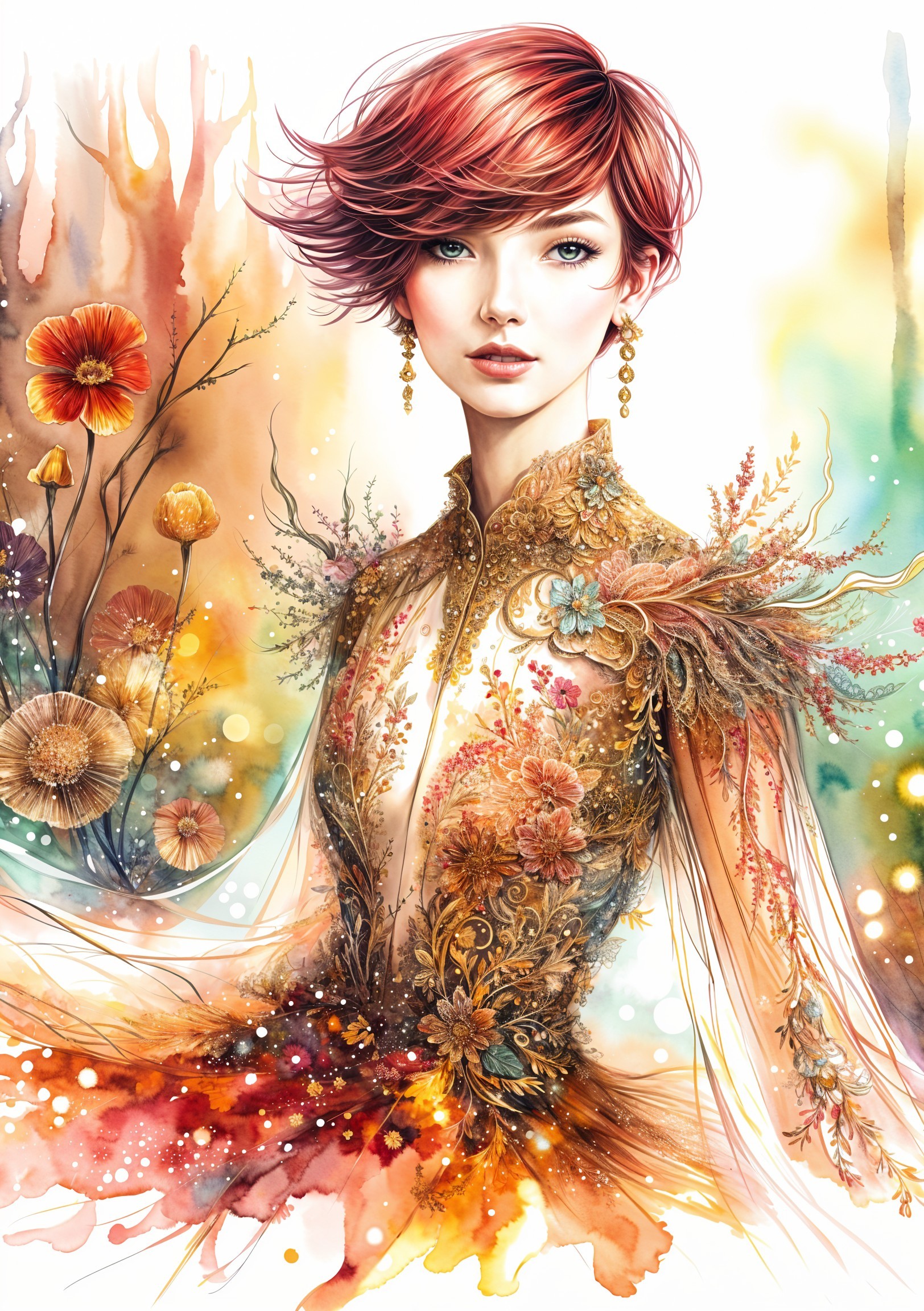 Illustration of a Woman in Floral Gown with Red Hair