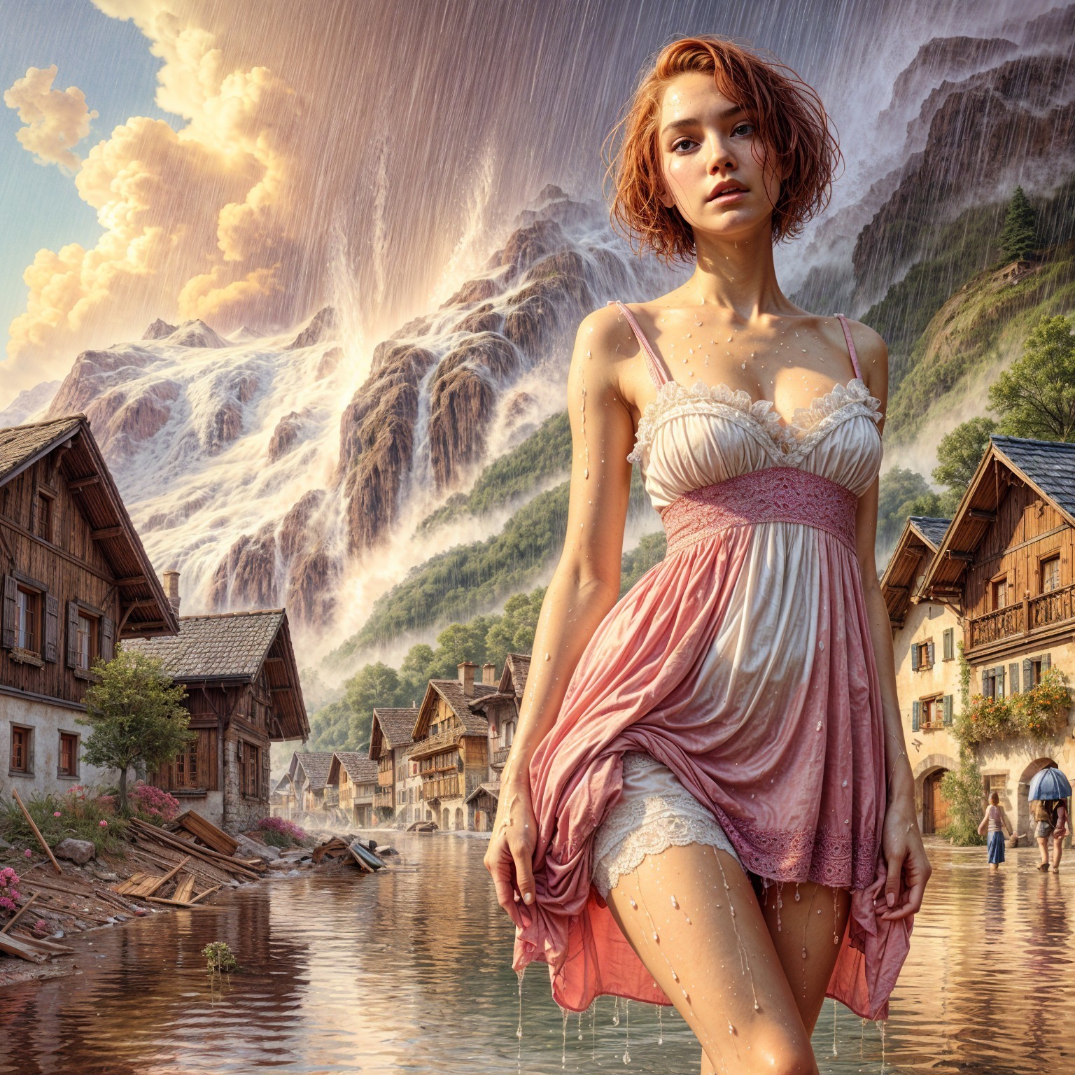 Young woman in pink dress in scenic village setting