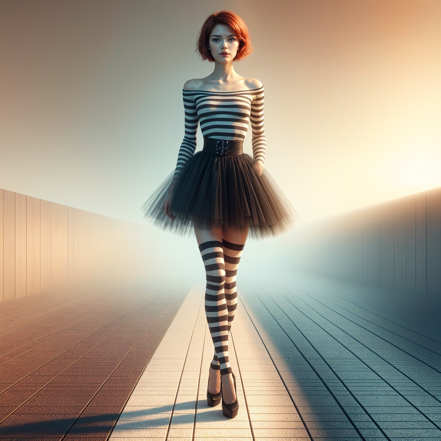 Model in Chic Striped Outfit on Wooden Platform