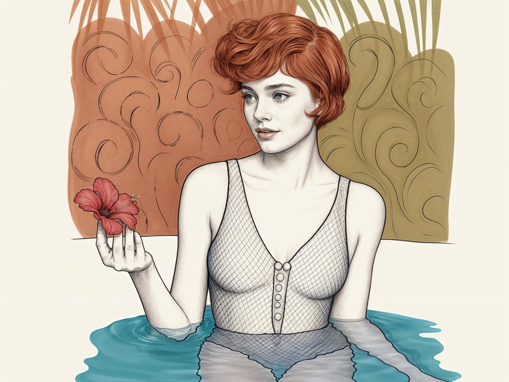 Young Woman in Water with Hibiscus Flower and Swirls
