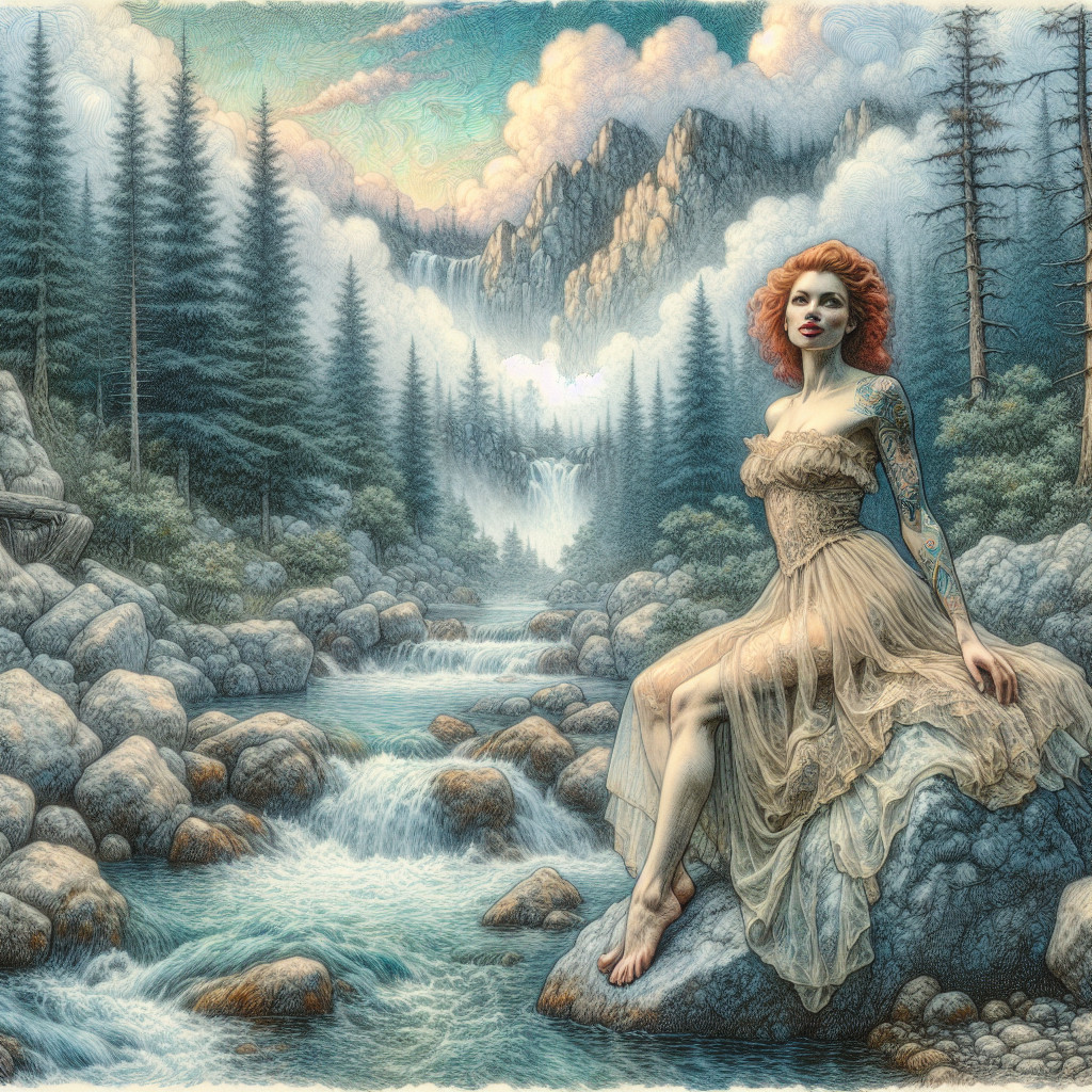 Woman with Red Hair by a River in Scenic Landscape