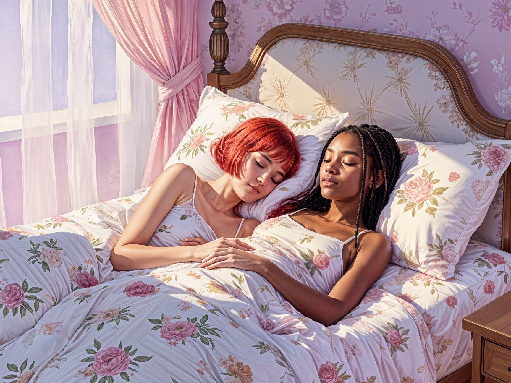 Peaceful Bedroom Scene with Two Young Women in Bed