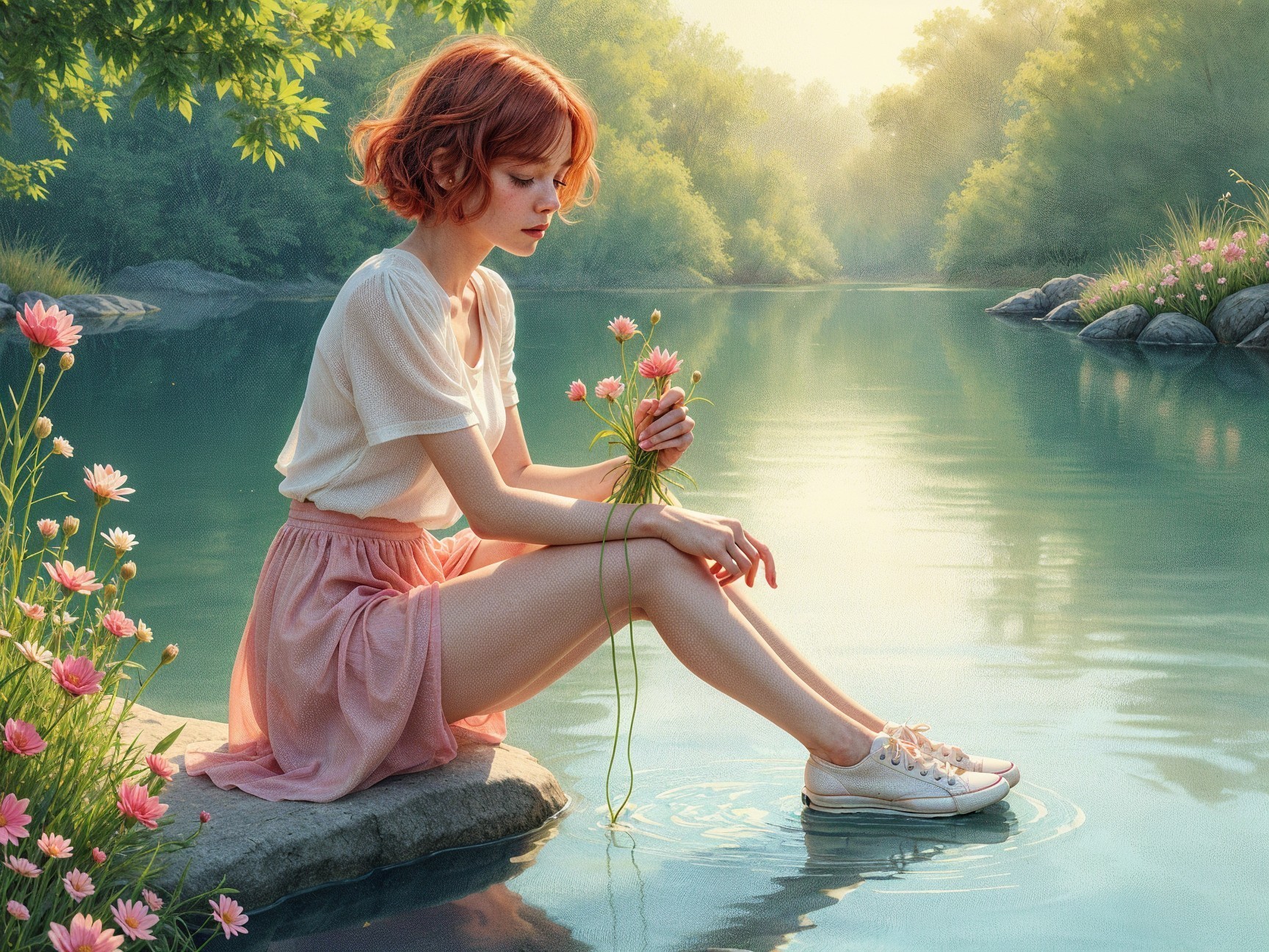 Young Woman by Serene River with Blooming Flowers