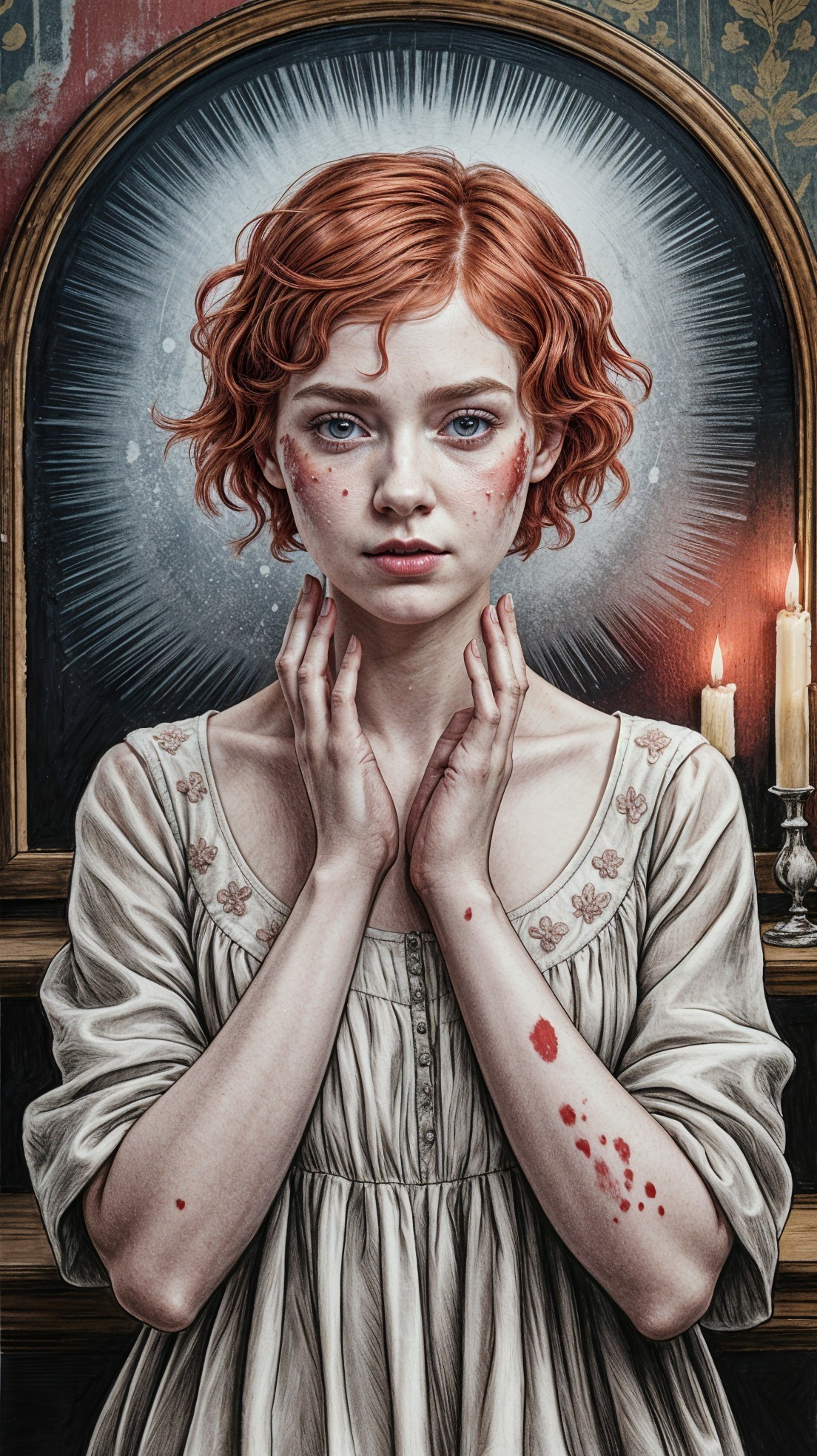 Young woman with red hair in dimly lit room