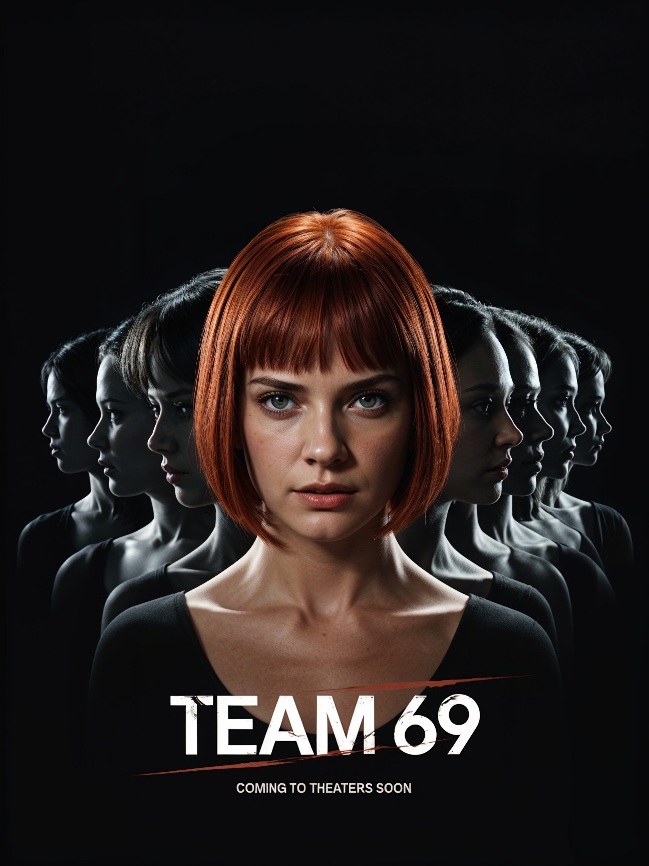 Movie Poster for Team 69 with Bold Red Bob Haircut