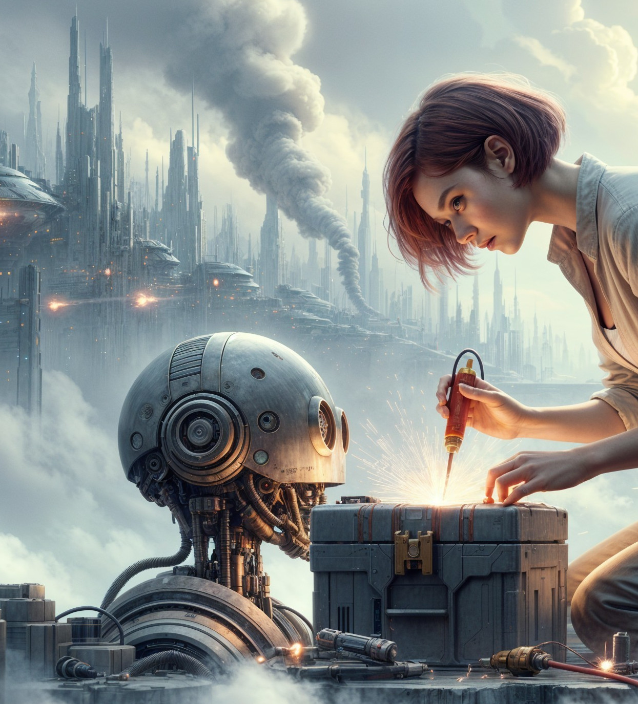 Futuristic Cityscape with Woman and Mechanical Sphere