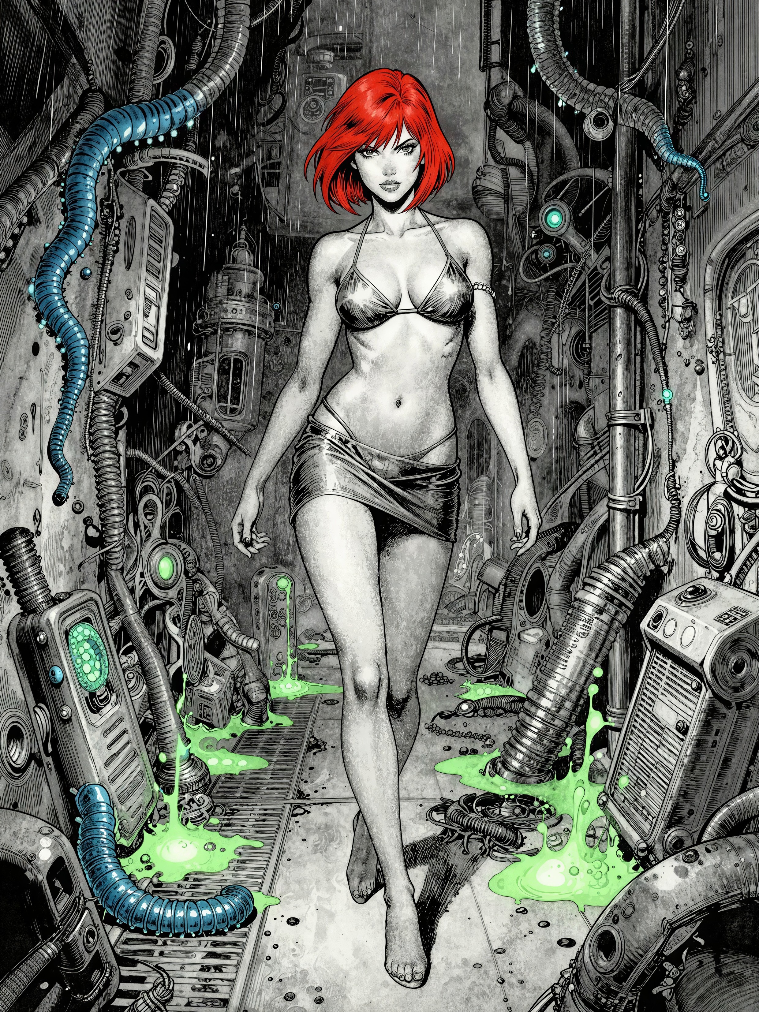 Steampunk hallway with a young woman in a bikini top